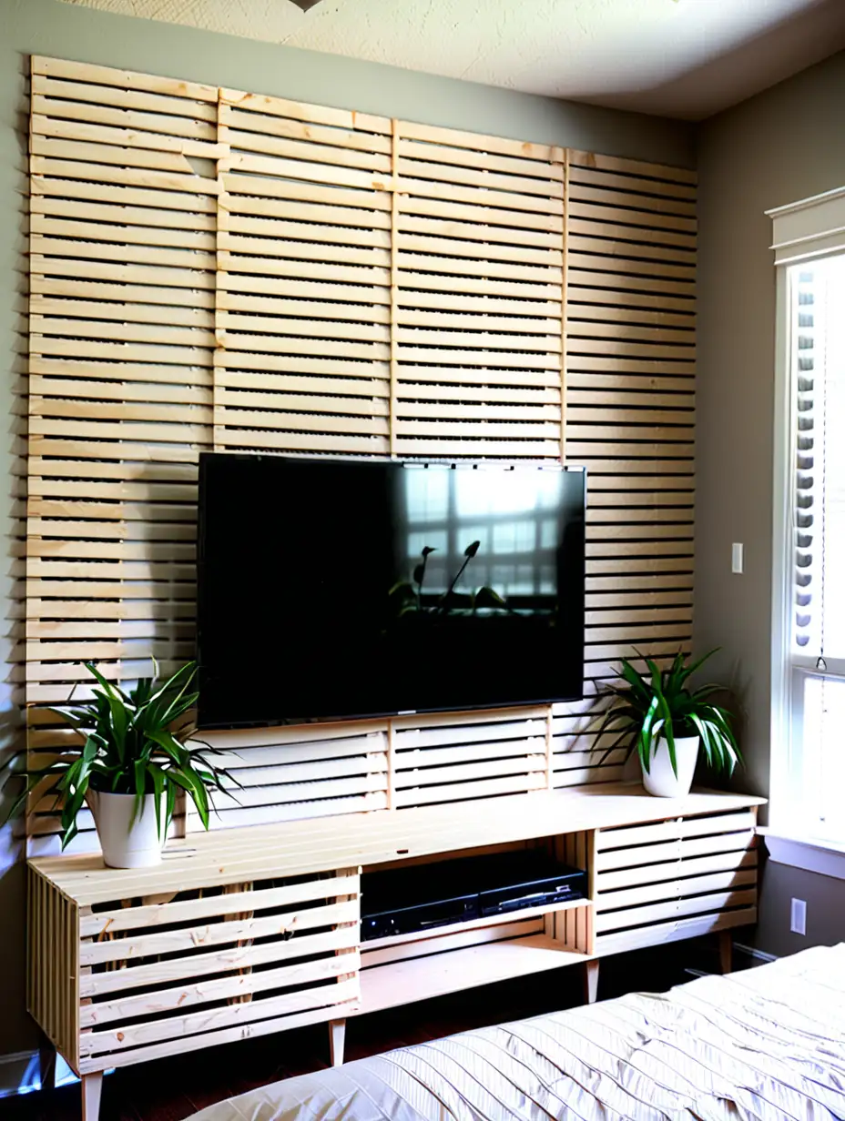 generate a bedroom tv wall design with slats to hide cords
