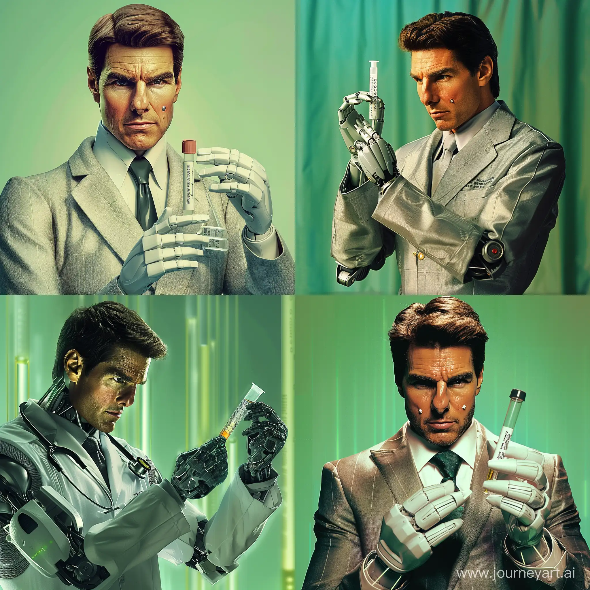 Handsome-Robot-Doctor-Tom-Cruise-Holding-Test-Tube-on-Green-Background