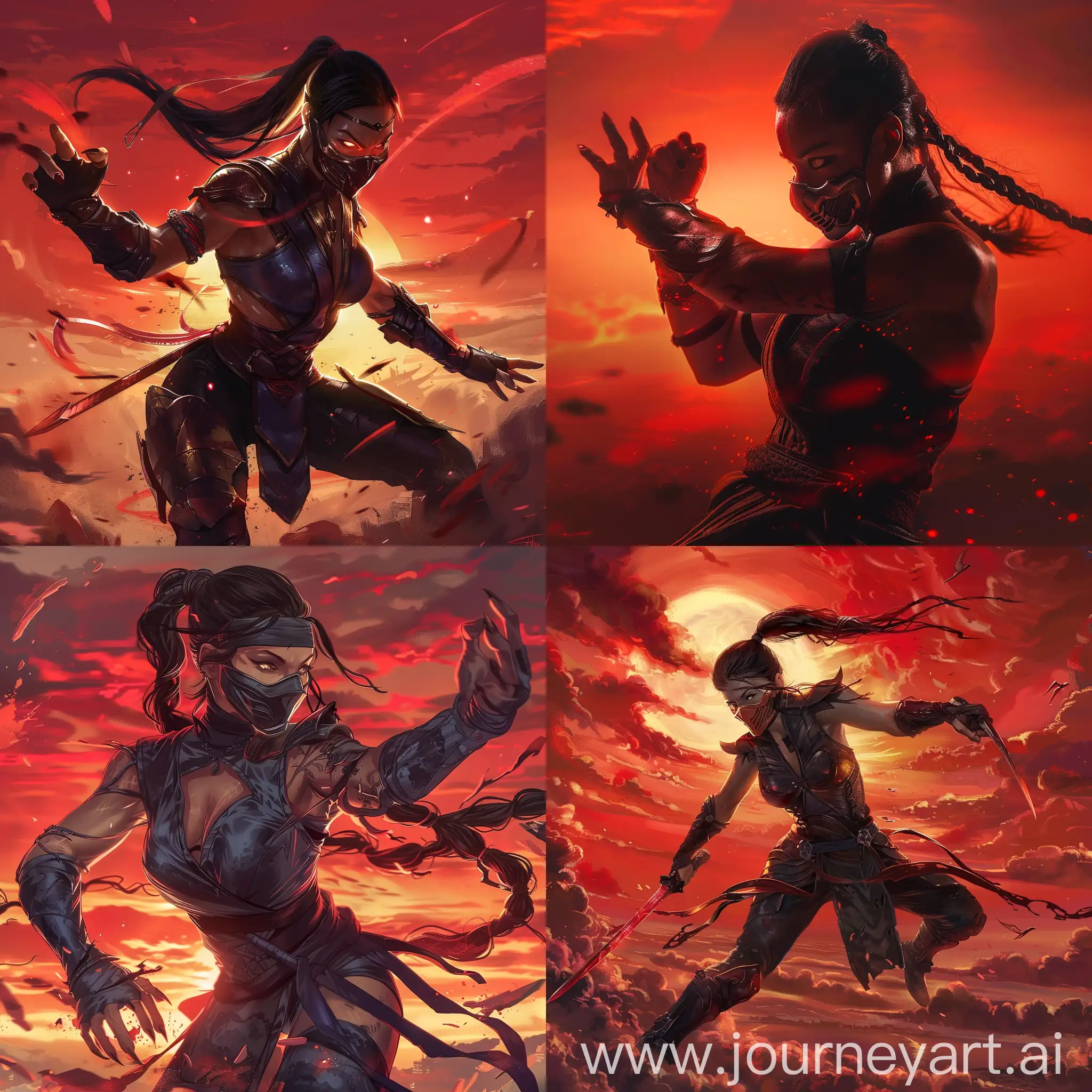 Kitana (Mortal kombat), full-body, fighting, red sky