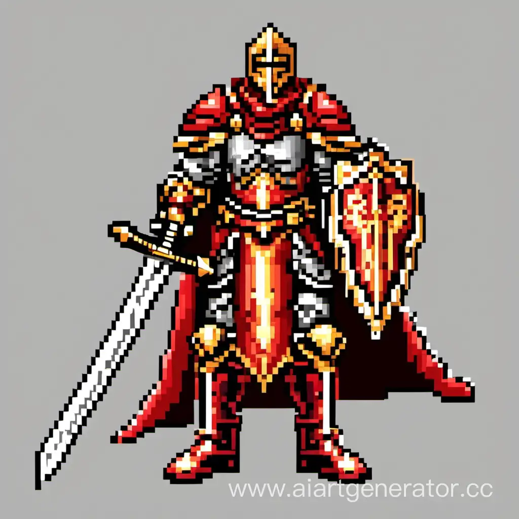Generate an 80x80 pixel, 2D pixel art image of a paladin warrior adorned in heavy, expensive armor, wielding a heavy two-handed sword, and donning a red cape. The warrior should be depicted in a combat stance with a transparent background. The image should embody a classic pixel art style, with limited colors and bold detailing.