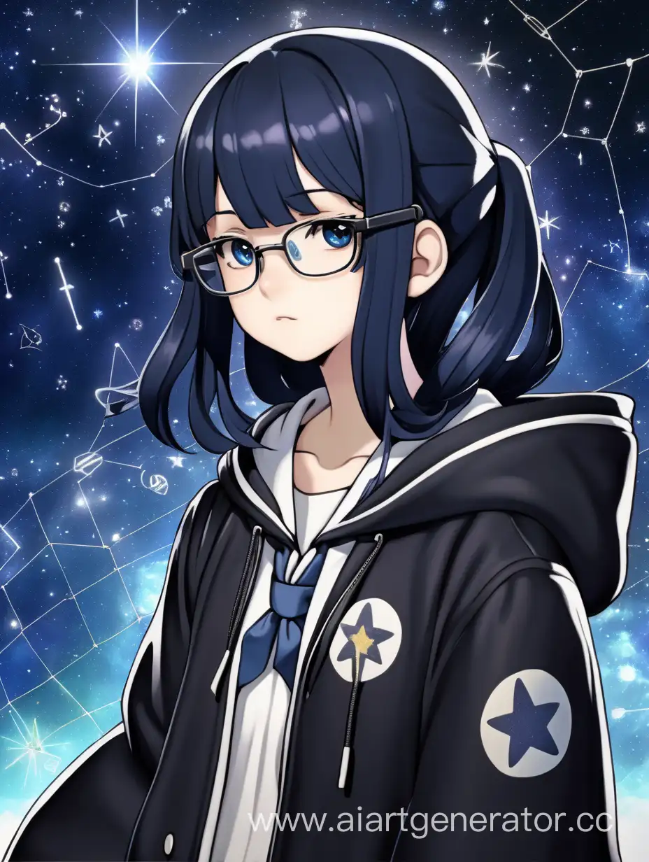 The girl is an "Absolute astrologer" from the Danganronpa series of games. She is 16 years old. She wears a white school uniform, a black unbuttoned raincoat and a hood. Constellations are painted on the cloak. The girl has dark blue hair and stars on her cheeks. The girl works as an astrologer. The girl has a thoughtful face and she wears glasses