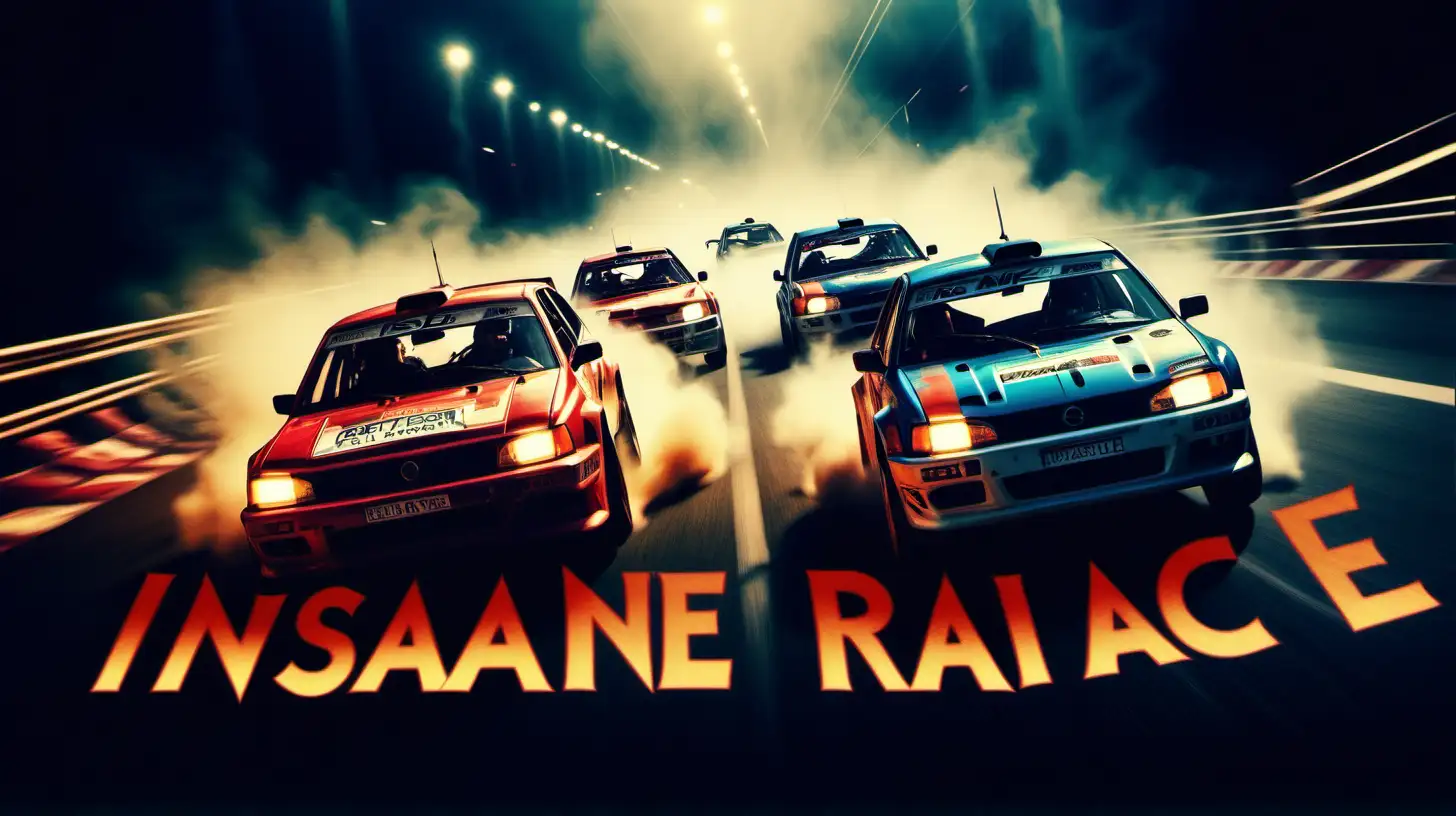 A movie poster titled "INSANE RACE" in the top of the poster image showing car race movie, motion shot of rallye competition, cars in motion, action and dangerous style, neon cinematic lights, --style raw