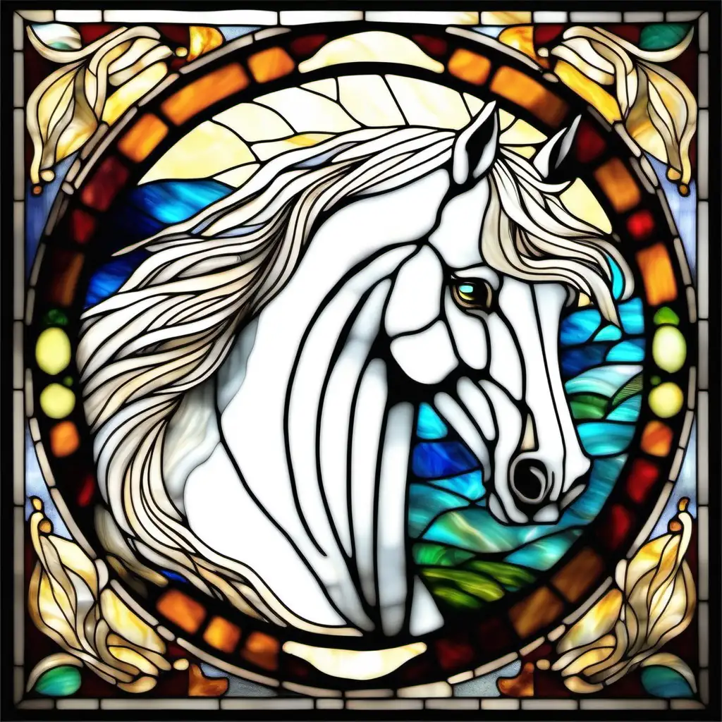  Stained glass effect of a white horse and natural elements in a mosaic style, stained glass technique, luminous, ornate, intricate.
