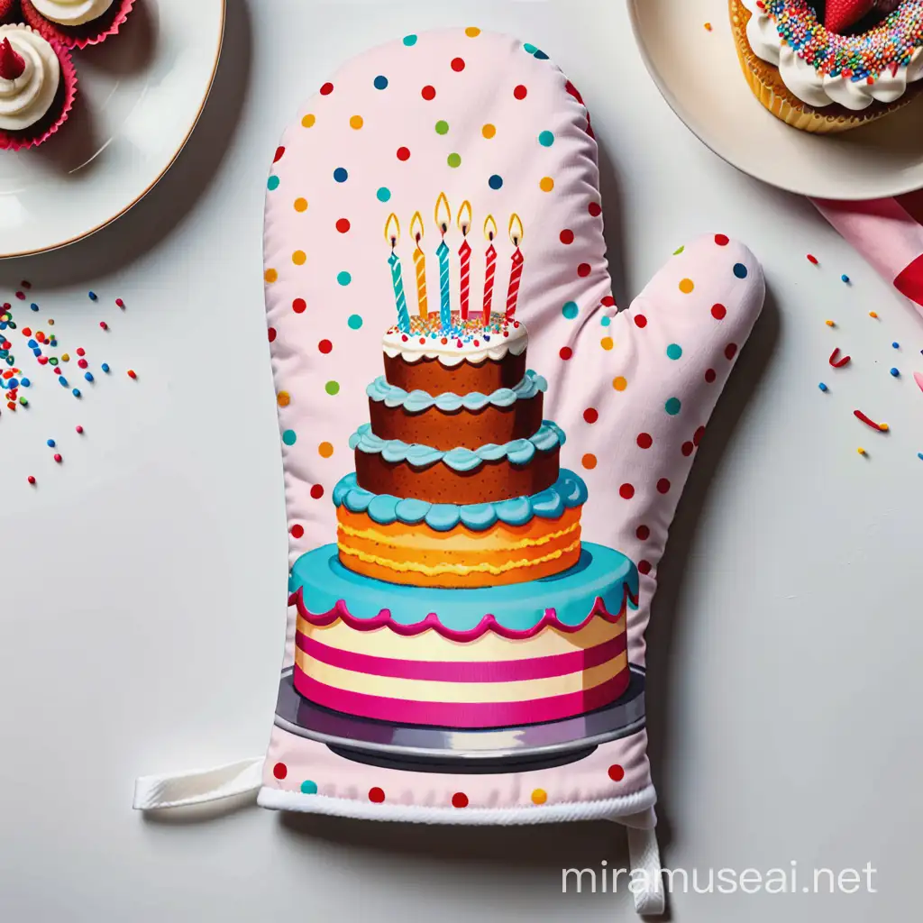 Celebratory Birthday Cake Surrounded by 75 Colorful Oven Mitts