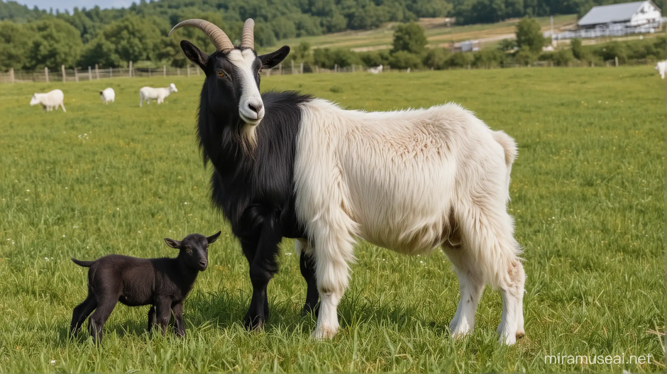   black mother goat with white parts, with black baby goat  in the fields