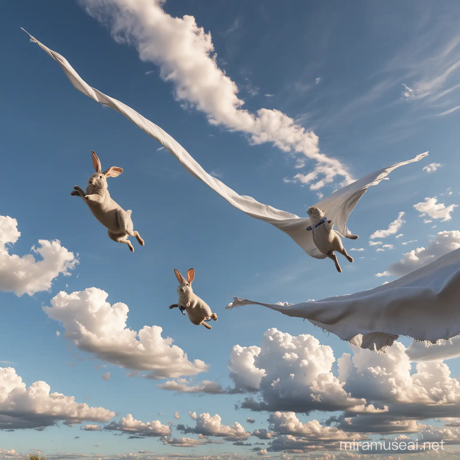 Graceful Cloth Soaring Amidst Blue Sky with Rabbits Below