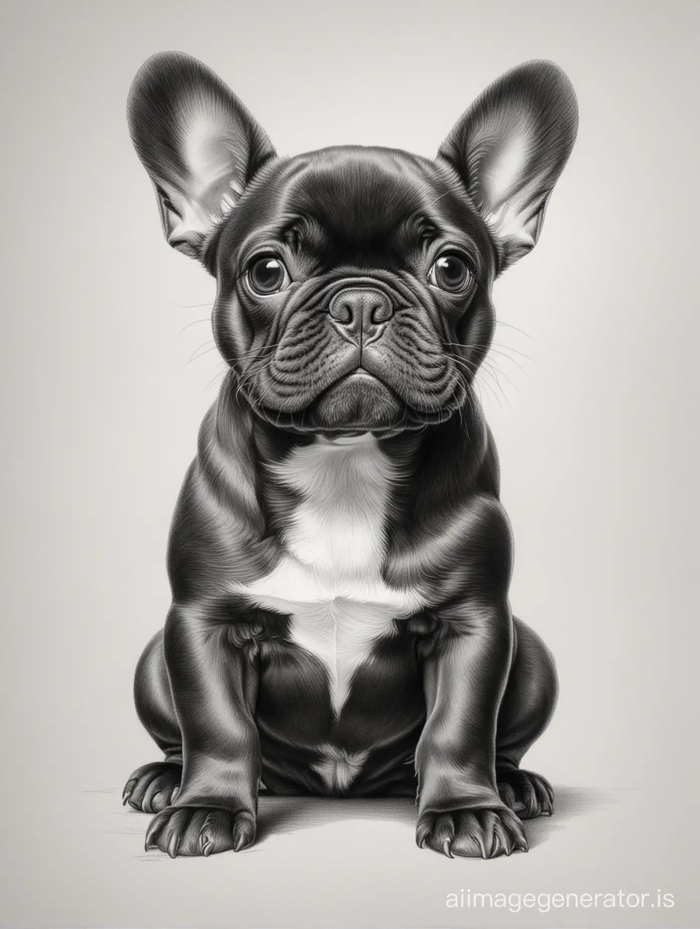 Draw a happy French bulldog puppy, in full body, in black pencil