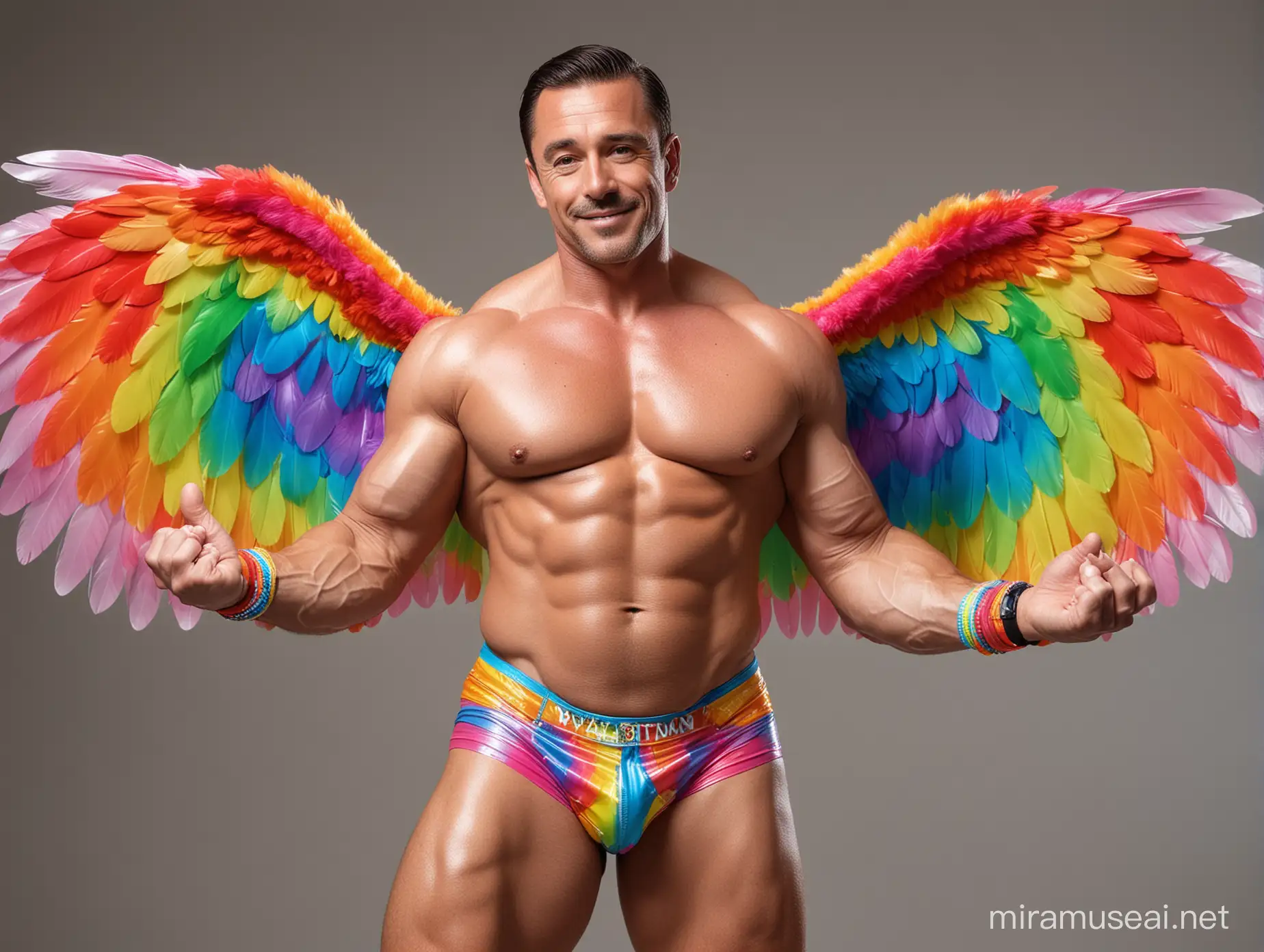 Topless 30s Ultra Beefy IFBB Bodybuilder Butch Daddy wearing Multi-Highlighter Bright Rainbow Coloured See Through Large Eagle Wings Jacket short shorts and Flexing Big Strong Arm with Doraemon