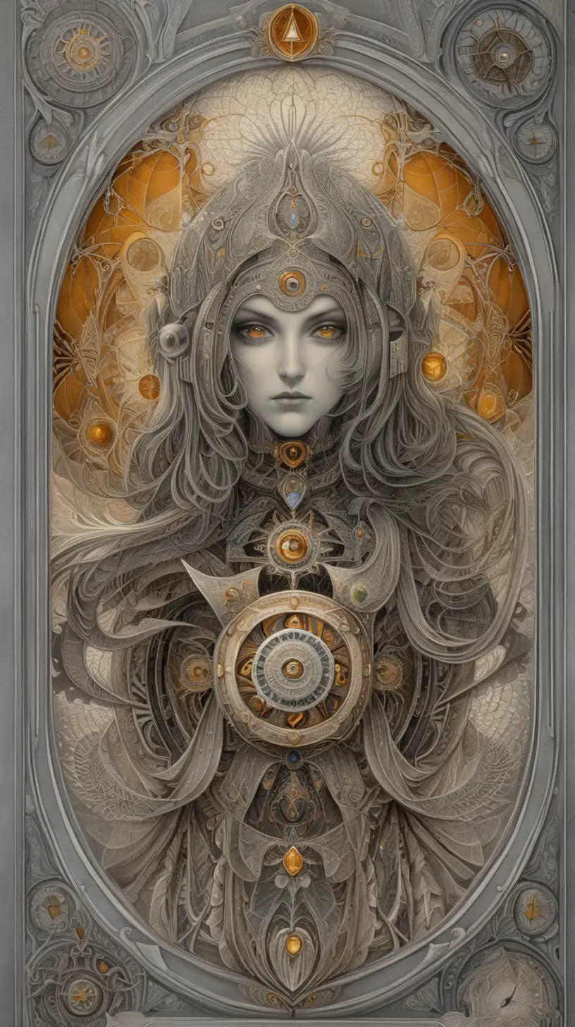 Gothic Futurism Tarot Card with Intricate Symmetry and Lovecraftian Elements