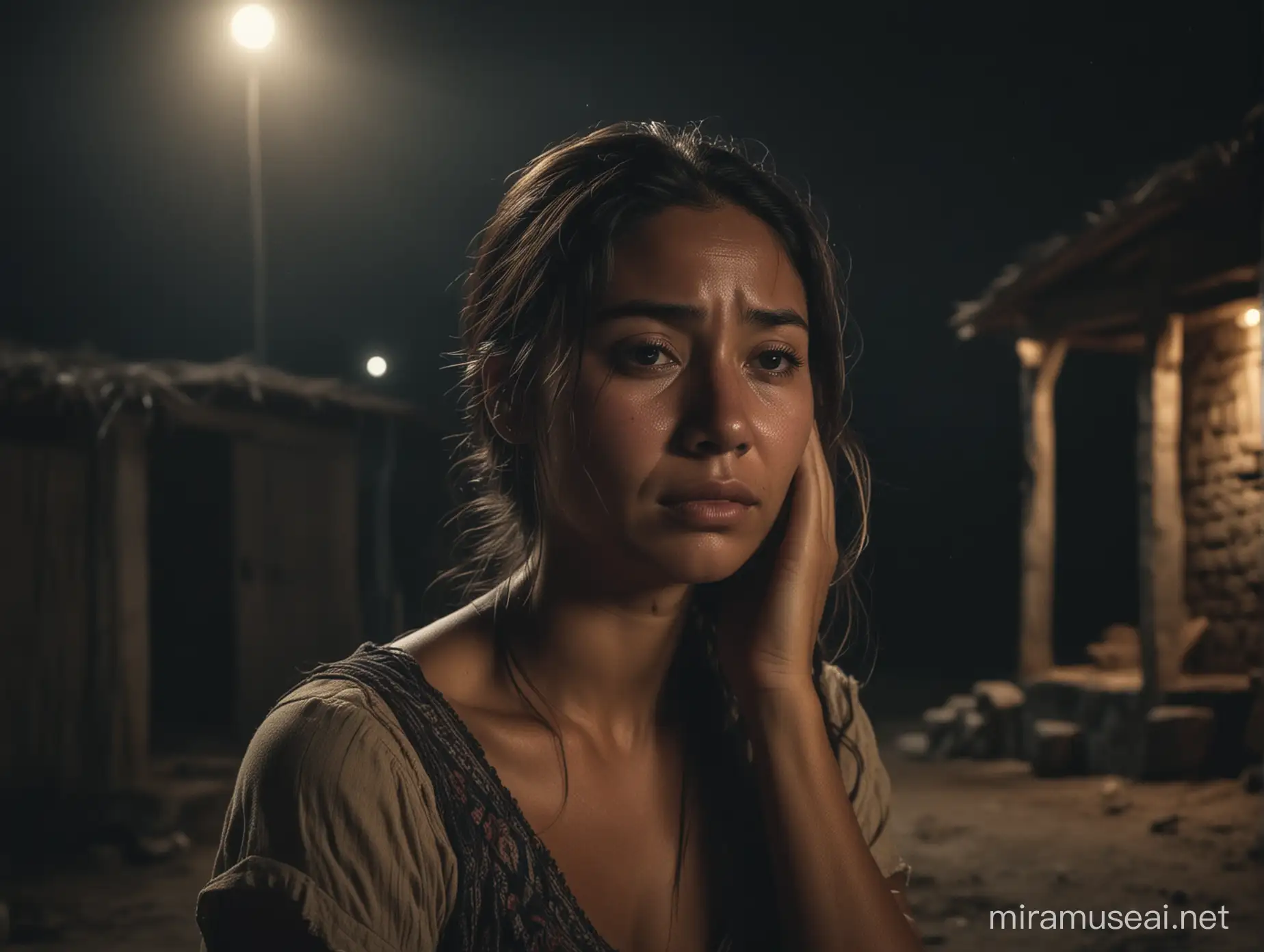 Maya Woman in Grief at Night in a Dark Village