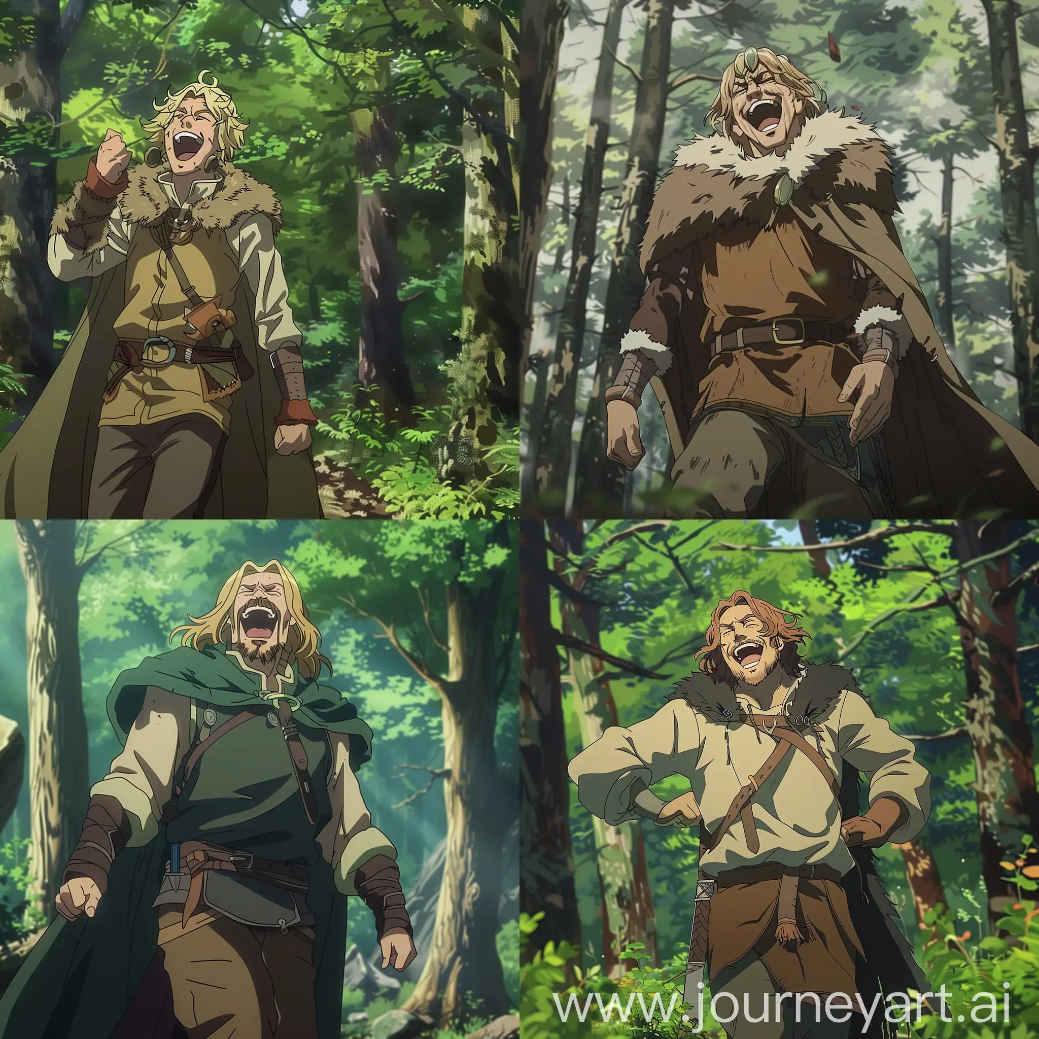 thors from vinland saga anime is walking in a forest and laughing