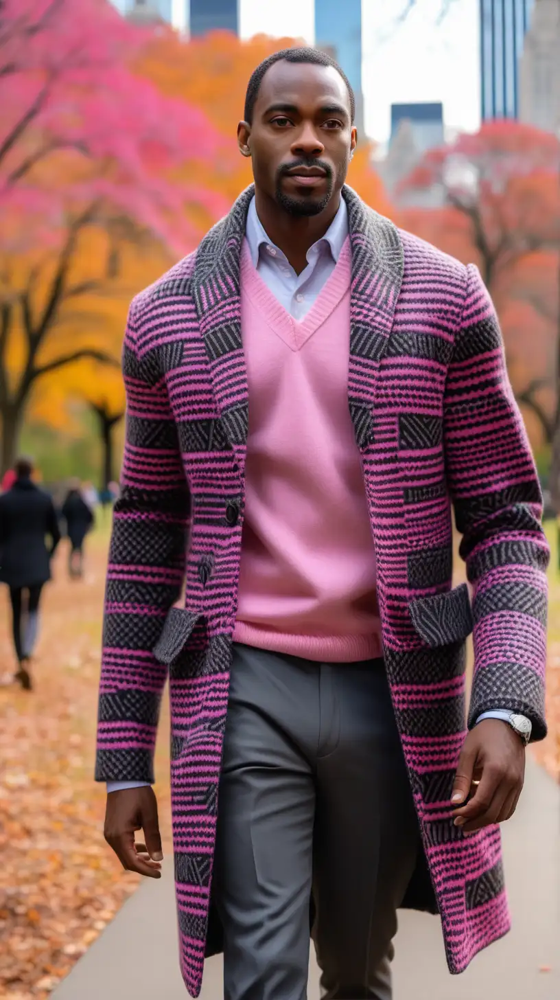  Attractive, black, man, wearing Grey, slacks, wearing pink, v neck sweater, wearing, black, African Print fabric,  wool 3/4 Coat, walking in Central Park NY, ultra 4k, high definition, view is close up, light source from the front, facing subject