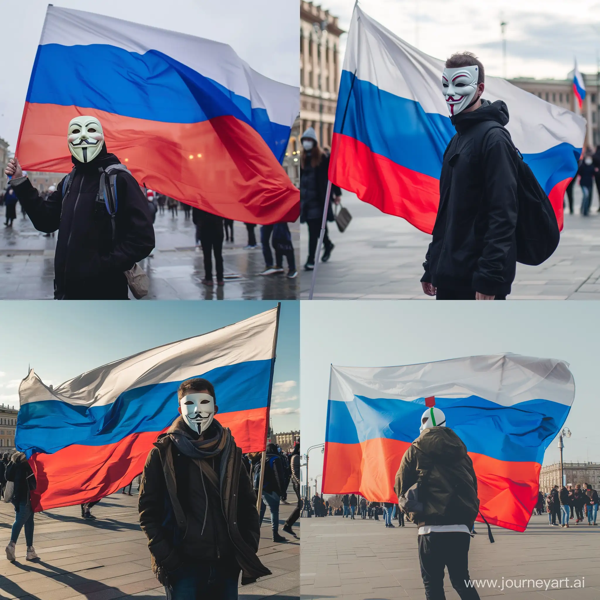 A man in an anonymous mask on the square with a large Russian flag