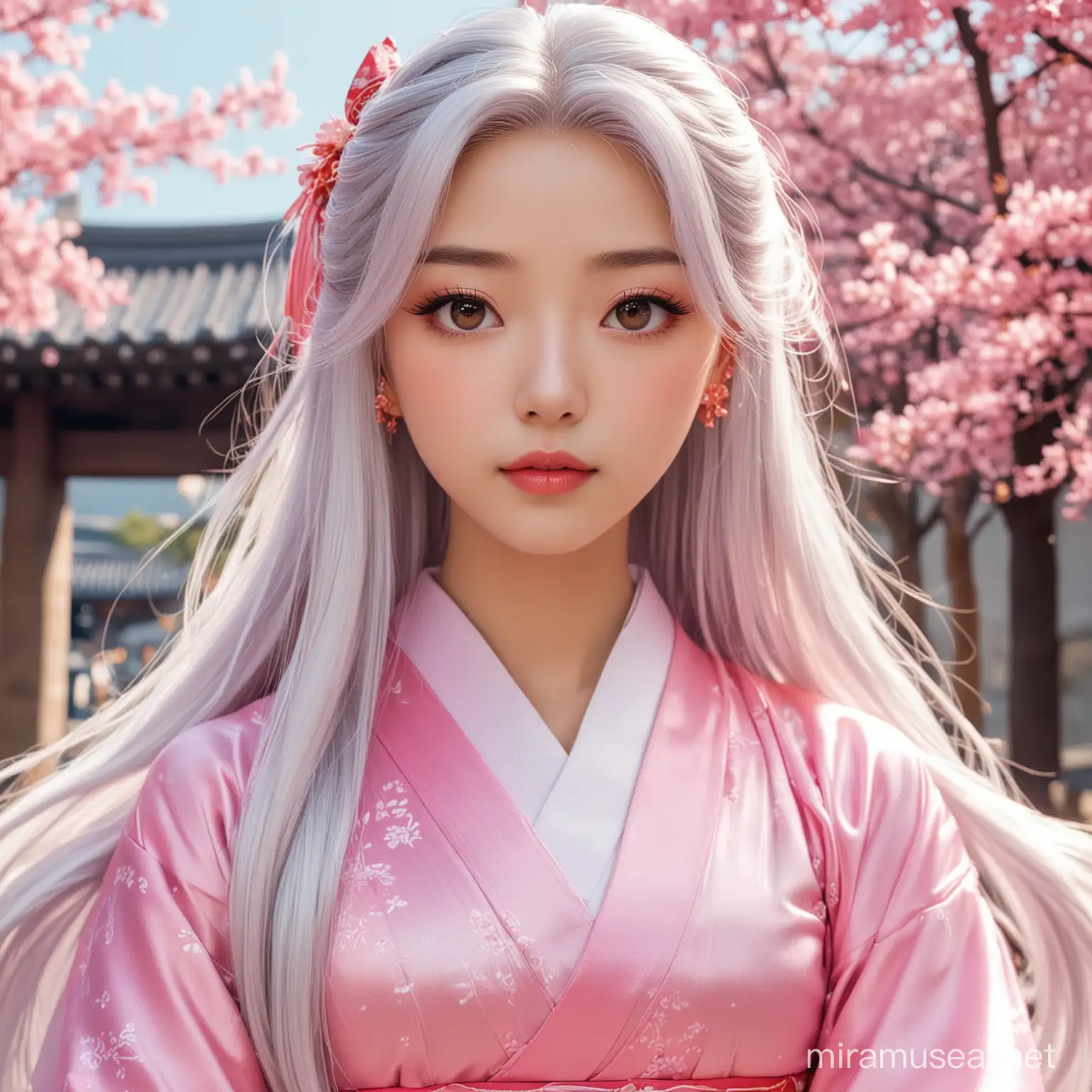 An anime girl with very long shiny silver hair, wearing a pink hanfu.  Her eyes are wide pink, with full pink lips, and she has two red cheekbones on her forehead.  Her chest is a little big.
