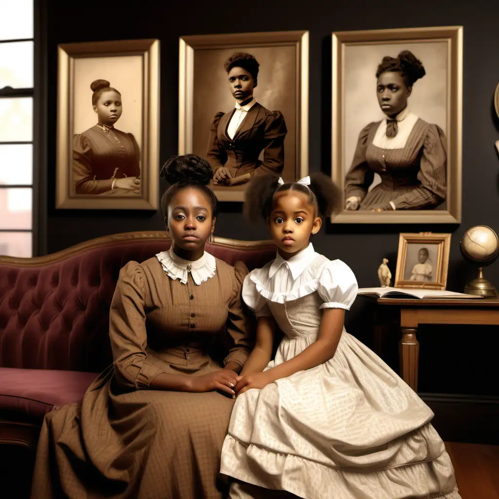 Create a hyper realistic image of a sorrowful  26 year old brown skinned African American woman named Emma V. Kelley wearing vintage dress in 1893. She is wearing a professional hairstyle as a school teacher. She is seated on a couch in front a wall of mirrors and pictures. She has an African American toddler girl named Buena Vista seated on her lap.