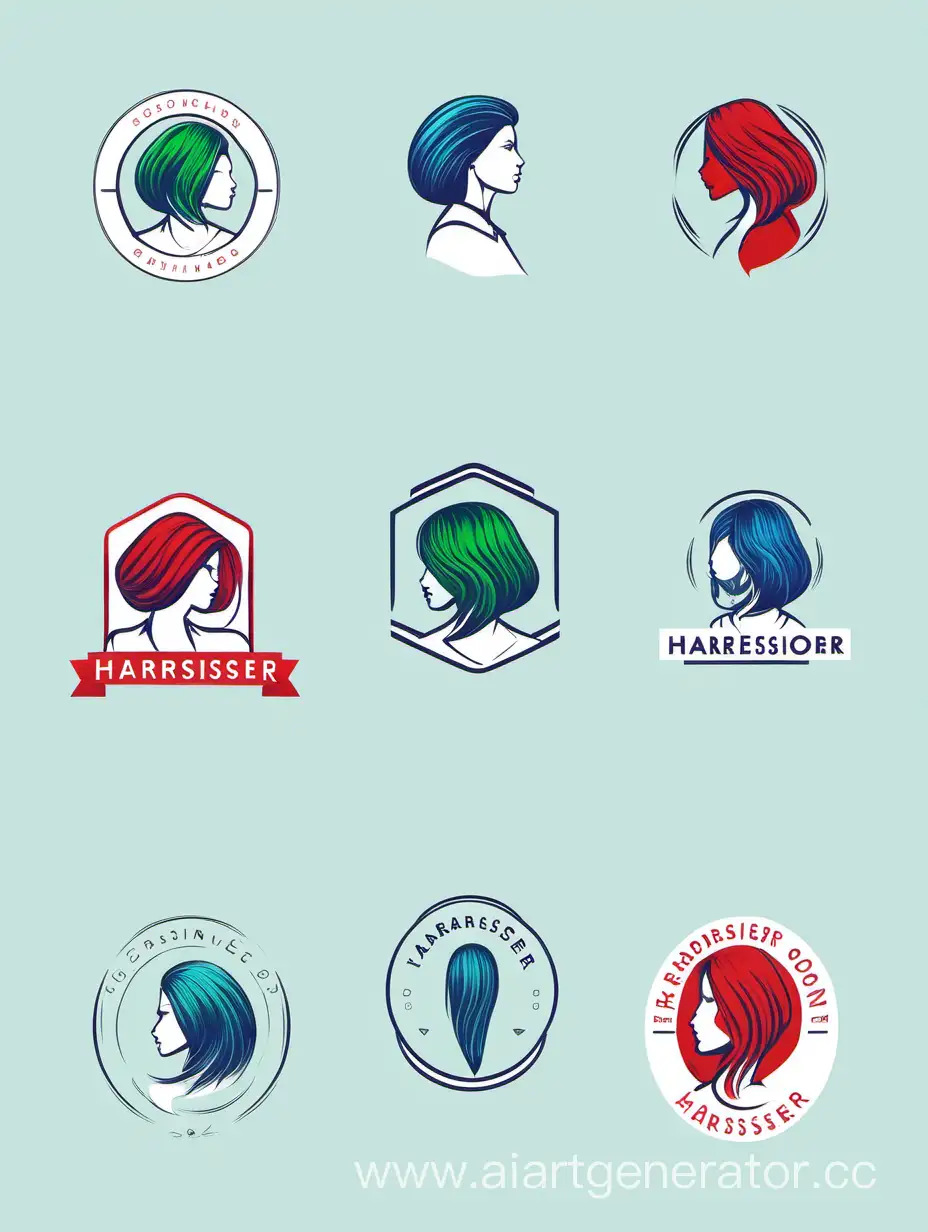 несколько вариантов логотипов мерча для парикмахера, на полиграфии, минимализм, красные, синие и зеленые цвета