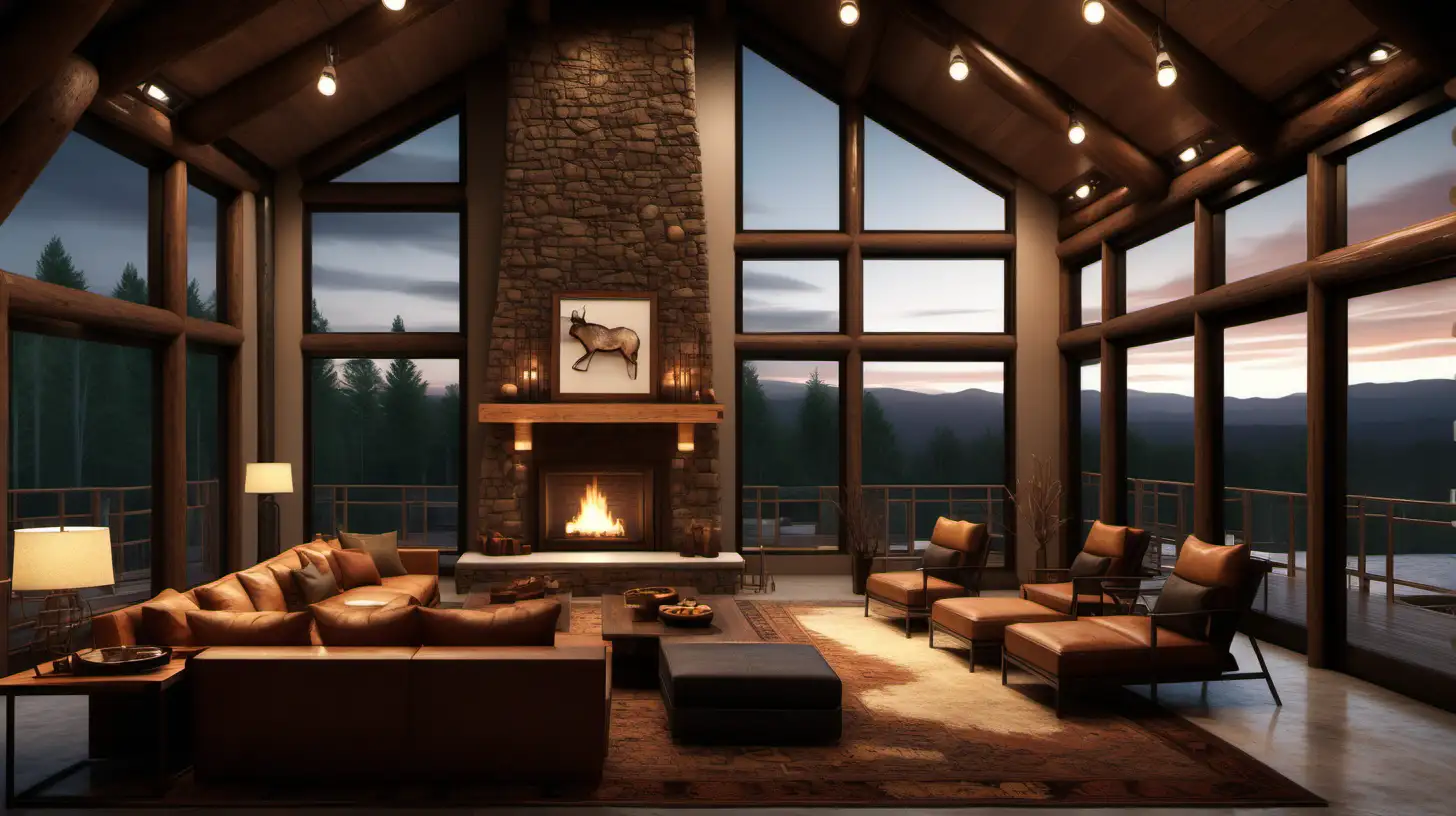 A modern log cabin living room with two-story ceilings and sleek Industrial interior design, one fireplace and windows at evening, warm lighting, photo-realistic quality.