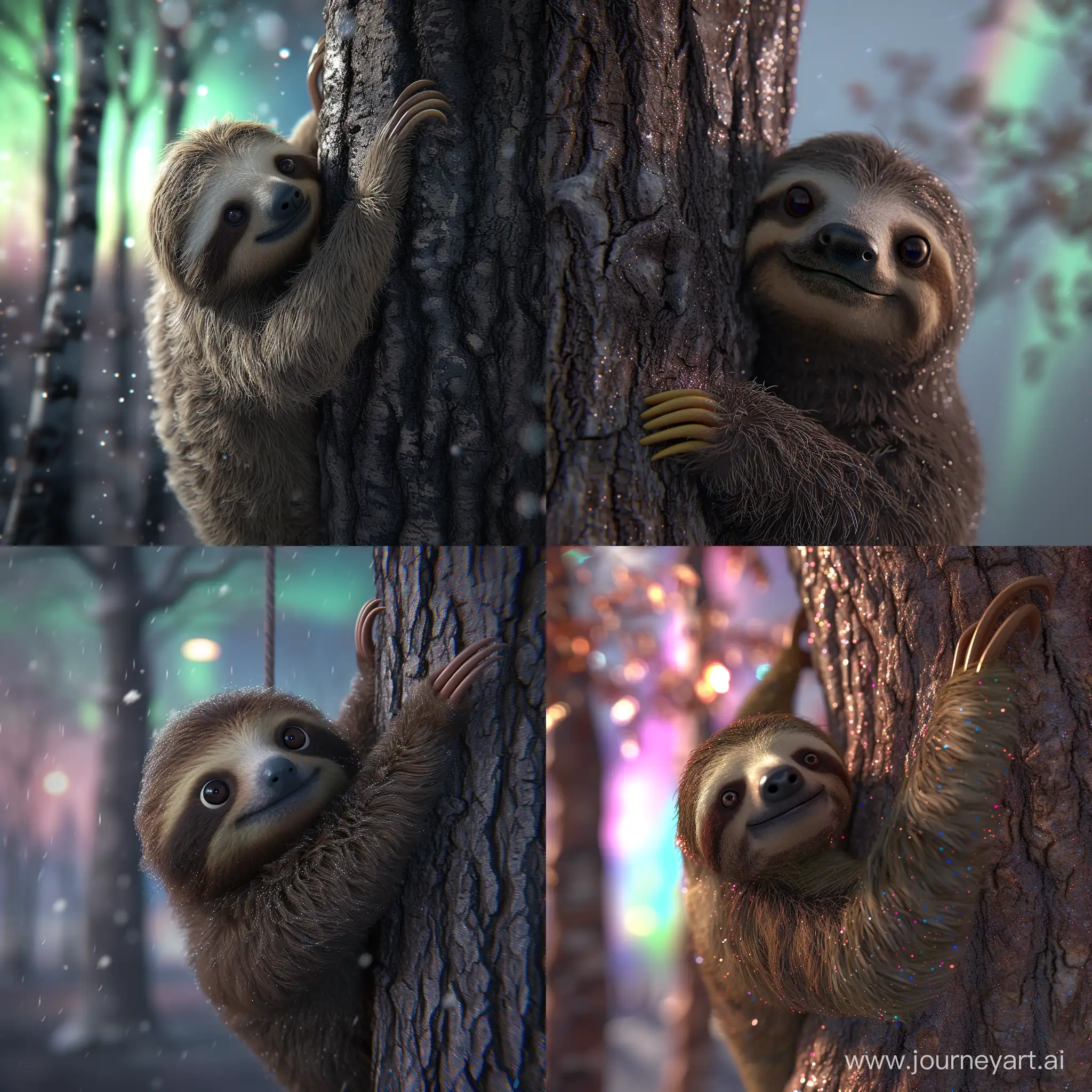 Realistic-BigEyed-Sloth-Hanging-from-Tree-in-Fantasy-Twilight-with-Aurora-Borealis