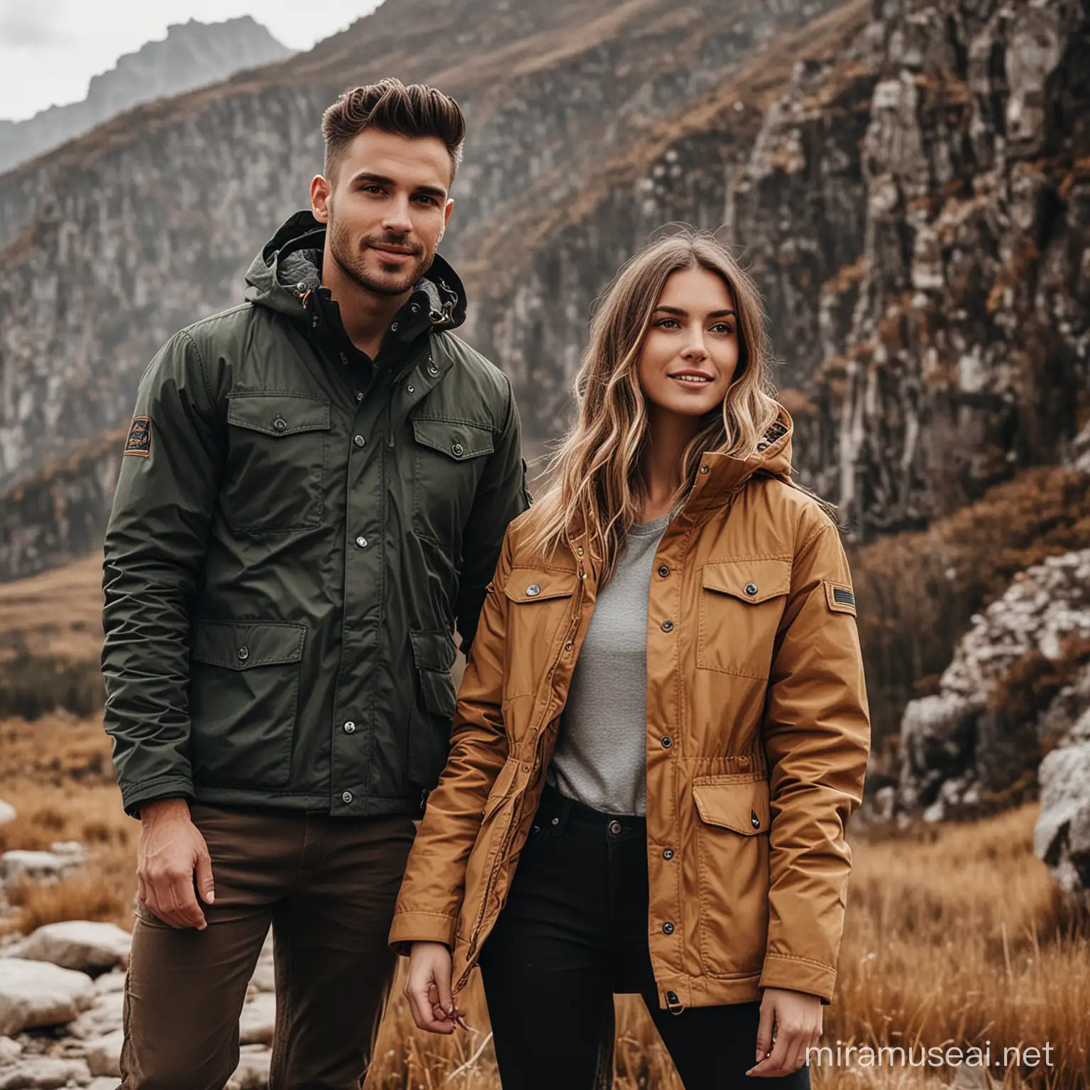 mens and womans great style outdoors jackets poseing for adventure

