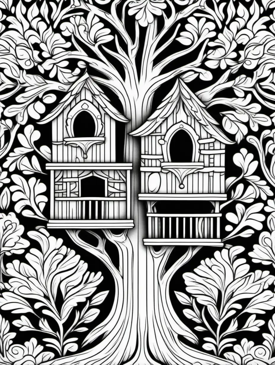 treehouse, damask motif pattern background, thick black line drawing, unfilled, only black and only white, coloring book page
