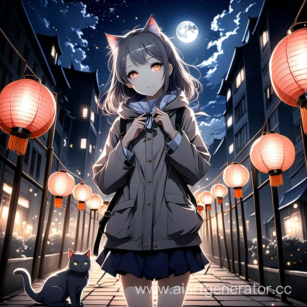 Anime-Girl-and-Gray-Cat-Amidst-Urban-Night-Lanterns