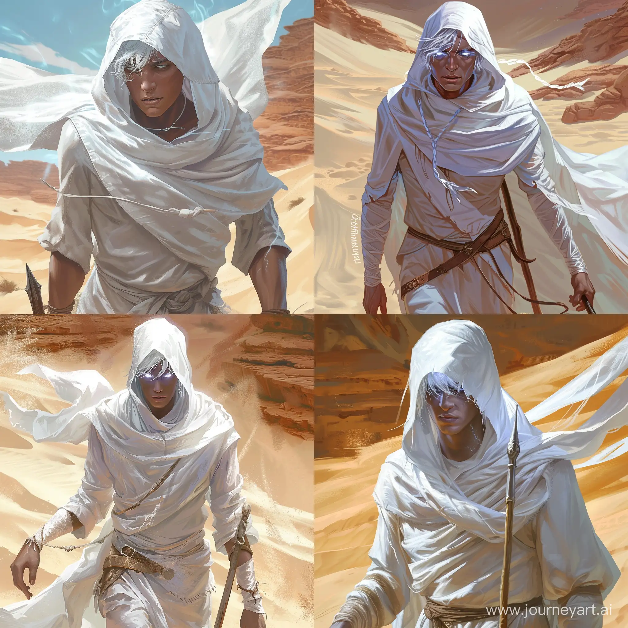 Draw a character from the Dungeons and Dragons universe according to the following description: He is a tall male changeling dressed in white travelling clothes. His head with silver hair is covered with a white hood, his ashen-white young face is clean shaven with a kind faint smile, his eyes shimmer with white light. He is making his way through the desert with a walking stick in his hand.