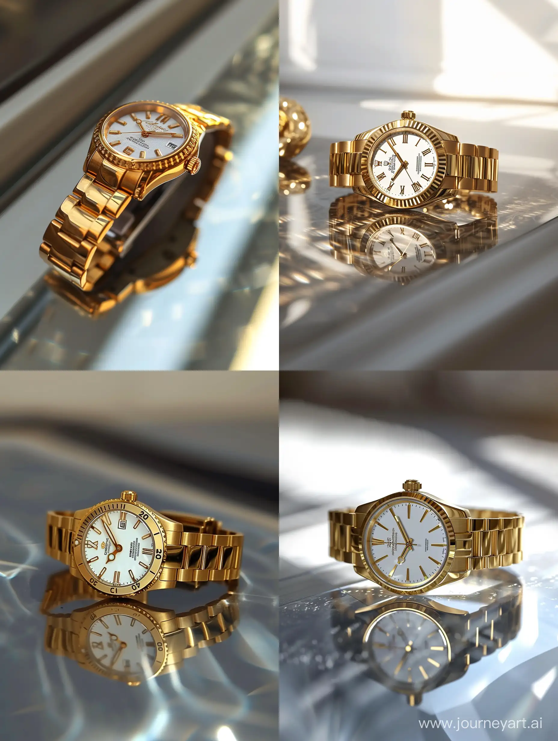 Create a high-resolution, realistic image of an elegant gold wristwatch with intricate detailing, positioned on a surface that reflects light. The watch should have a white dial, gold markings, and the brand name visibly inscribed