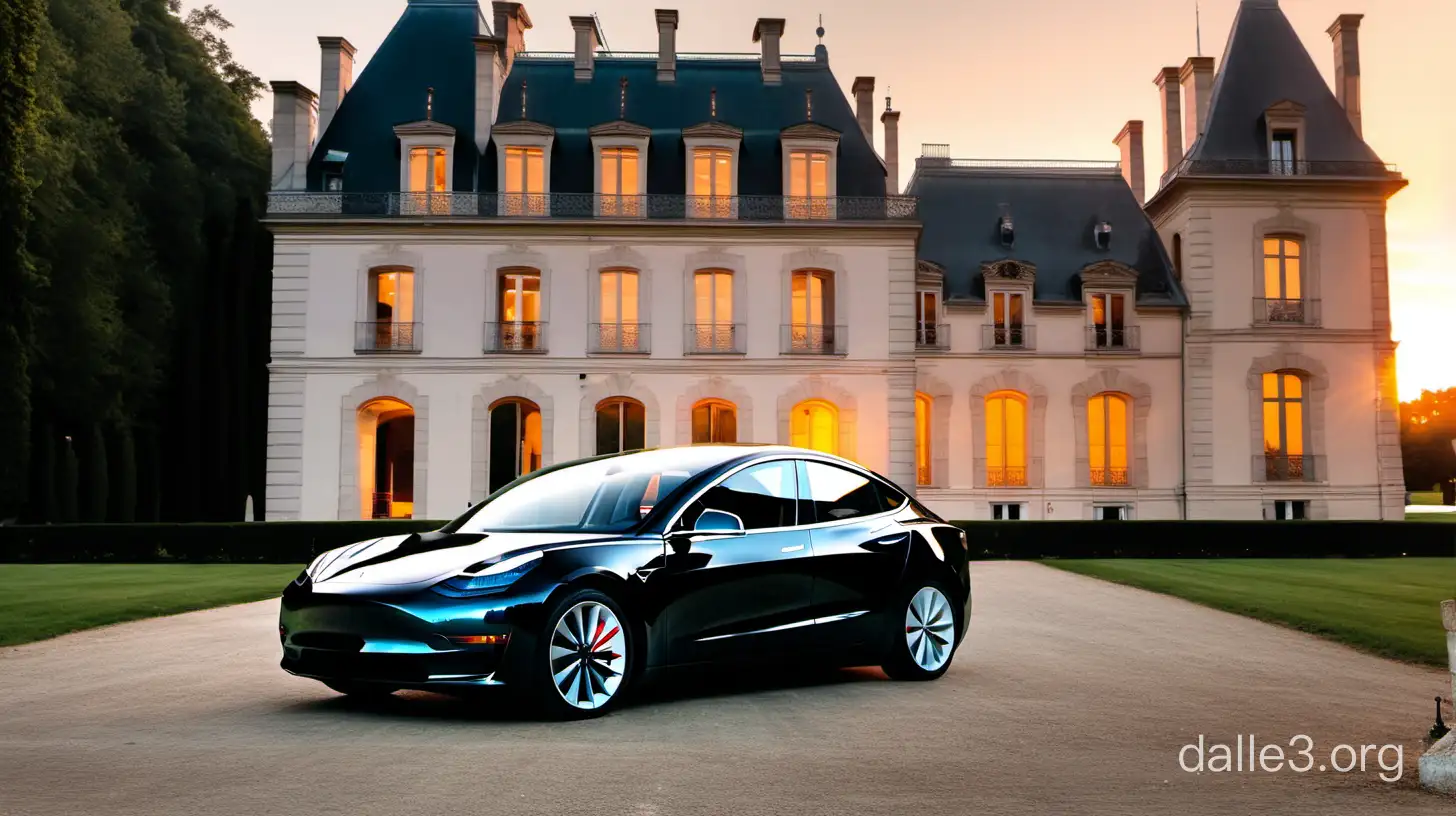 Tesla model 3 outside a chateau in france at sunset