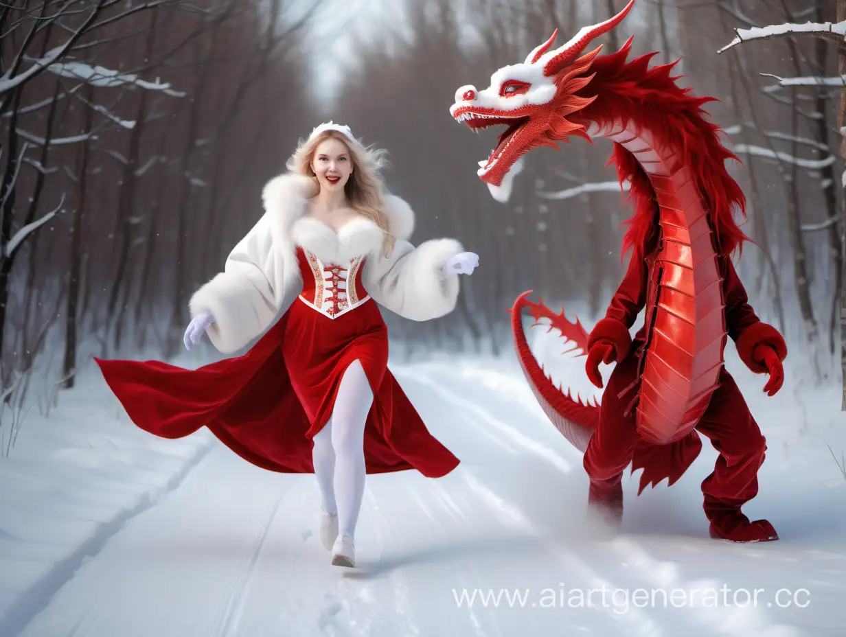 Снегурочку в корсете и распахнутой шубке, с  миленьким красным новогодним дракончиком бежит к Деду Морозу