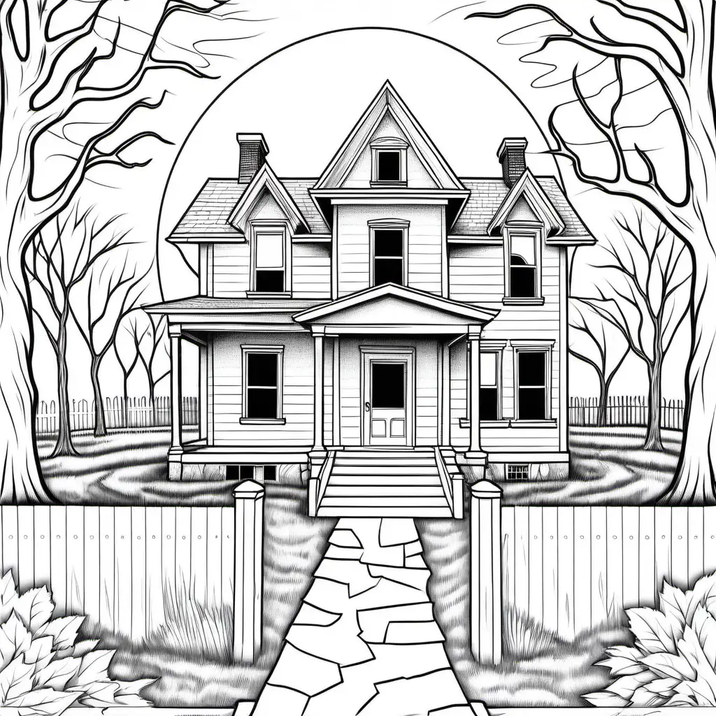 a simple black and white coloring book outline of Villisca axe murder house, for coloring 