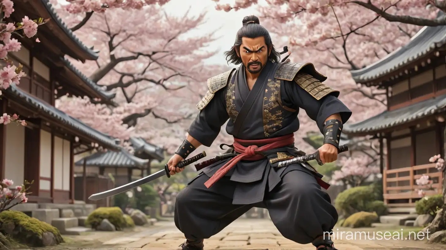 seorang samurai muslim membawa pedang dengan wajah marah dan mengayunkan pedangnya, suasana rumah kuno jepang dan pohon sakura