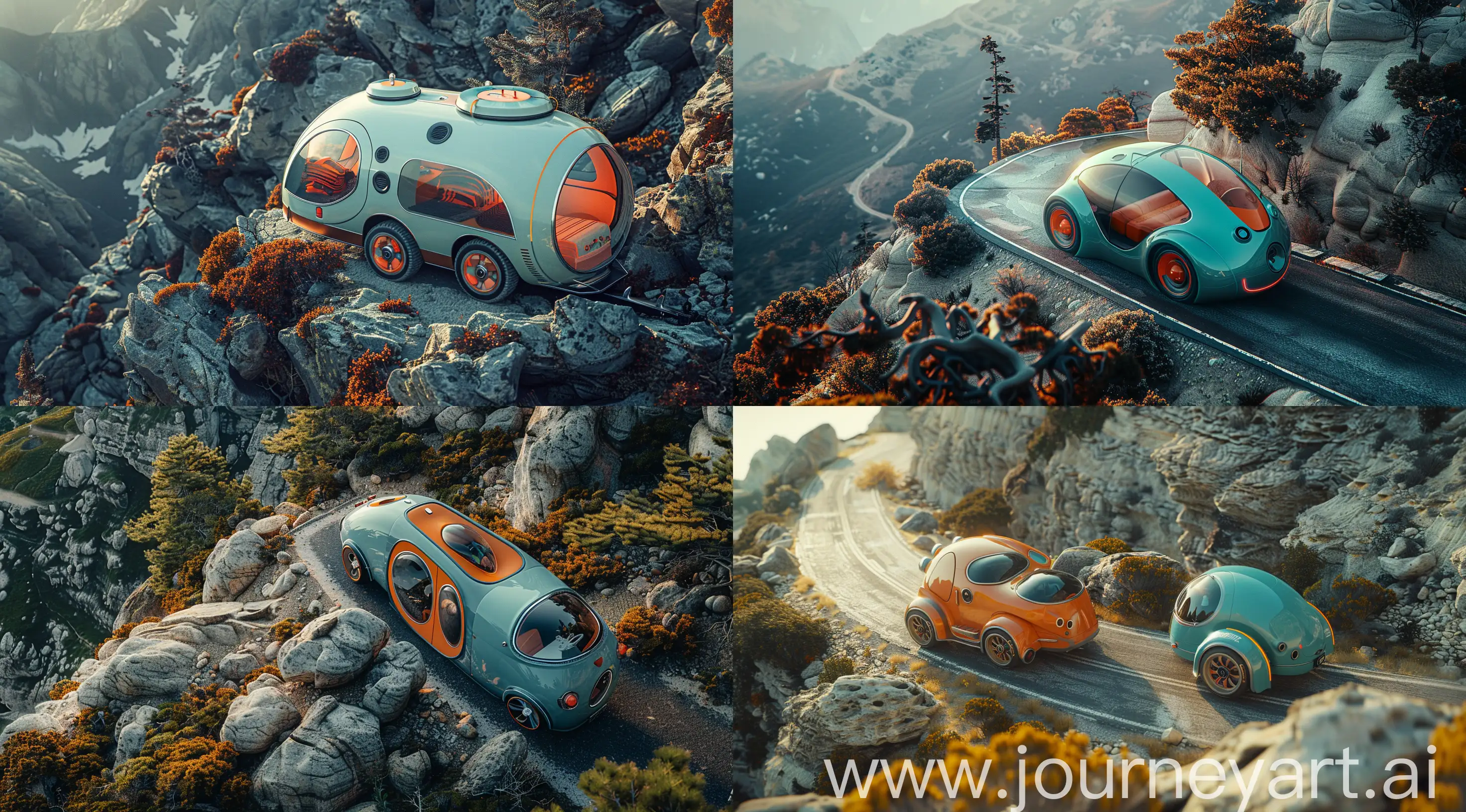 retro futuristic camping driving on the mountain road, in the style of light cyan and orange, warm colors. futuristic retro, photorealistic detail, rounded forms, eco-friendly craftsmanship, cute and colorful, argus c3. drone view. high angle. top shot. top down perspective --ar 128:71 --v 6.0 --s 250 --style raw