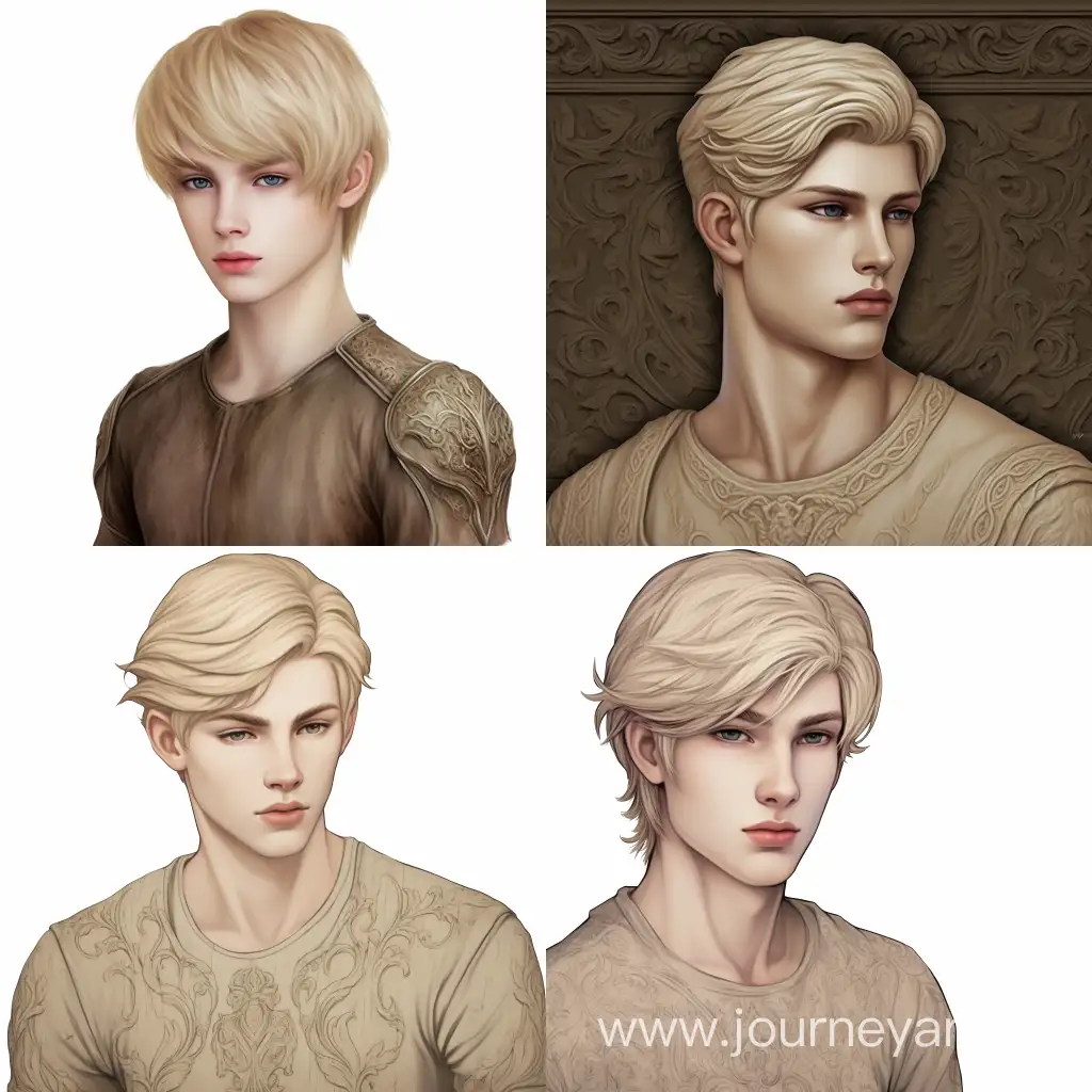 create a very pale skin and beautiful fase 18 years old male human, character, full body, in pose flexed joints like a classical sculptures  The style is medieval fantasy illustration, epic hand-drawn design, with the composition and classical colors of master classical paintings. You should maintain the artistic composition based on classical color theory and classical art composition. blonde hair shaved sides  and long upperside (Viking, mohawk style), a muscular body, and intricate details on his clothing.  The background is a forest at sunset. Create it in the best quality. Take your time. carry a cyberpunk-based "MILITECH M221 SARATOGA" submachine gun with both hands blending medieval aesthetics with futuristic elements