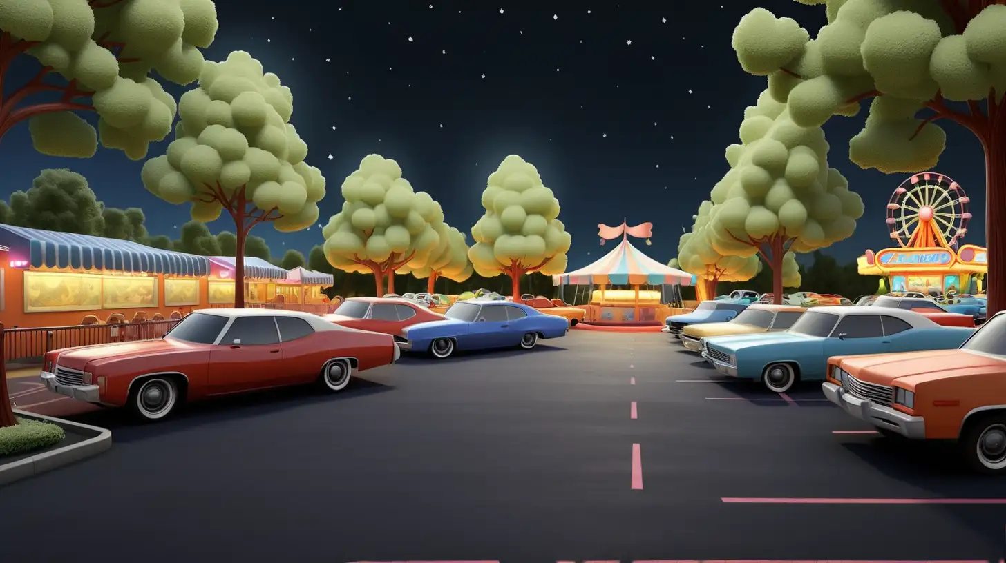 Nighttime Amusement Park Parking Lot with Illuminated Cars and Trees