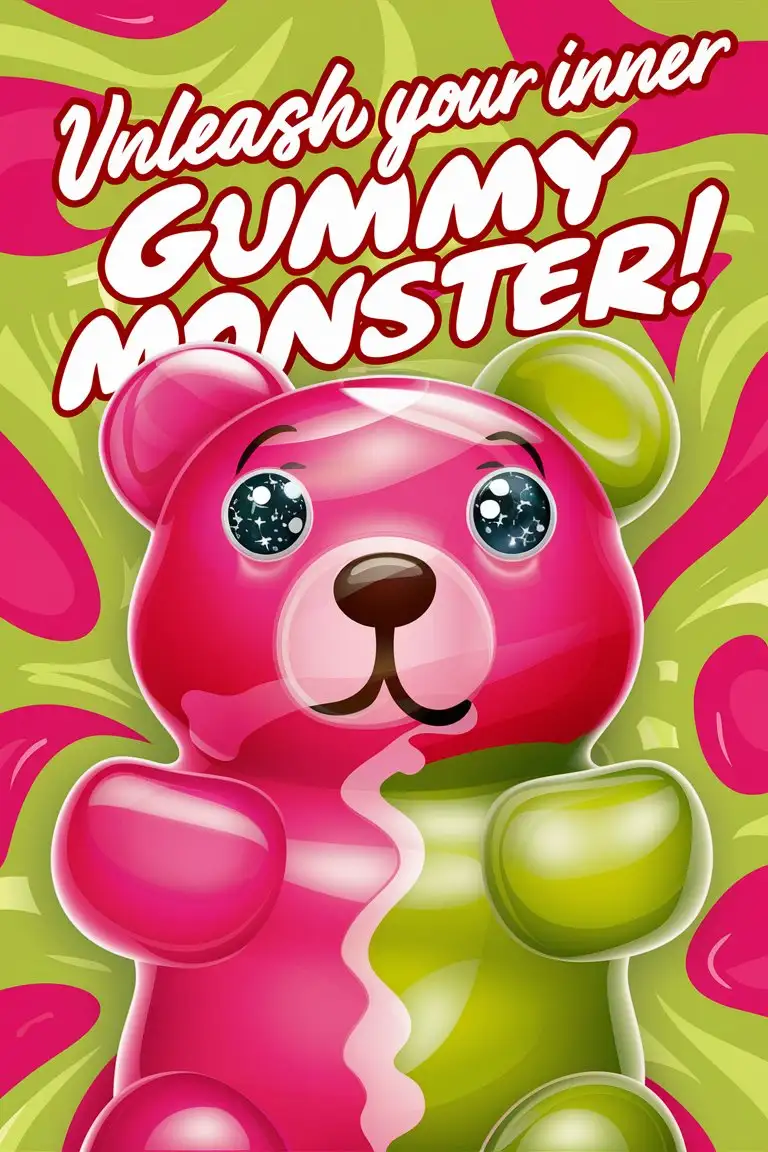 marketing poster for a gummy candy using bright pinks and lime greens and a clever slogan