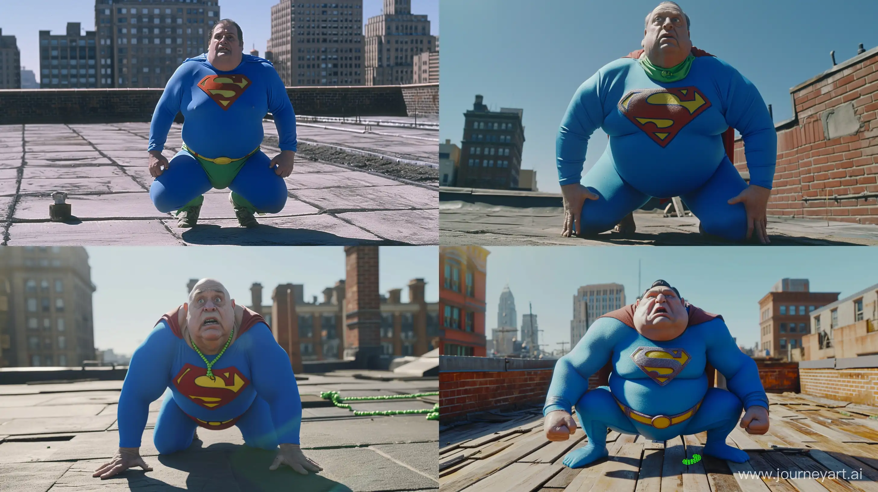 Elderly-Superman-Kneeling-on-Rooftop-in-Vibrant-Blue-Costume