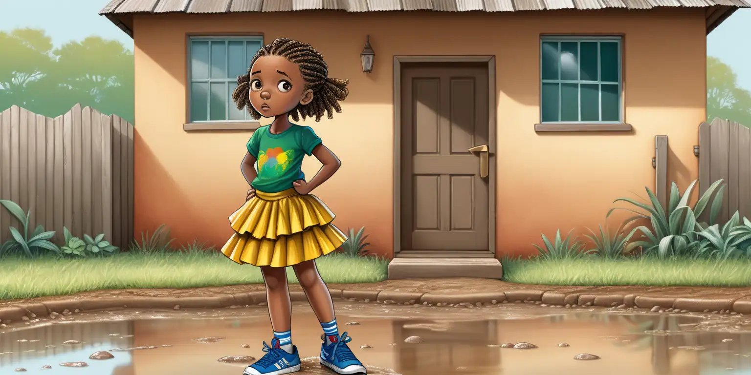 children's art illustration, full figure 10 year old african brown girl character standing up from a muddy puddle very sad, in front of her brown and green african home, cornrow hairstyle, wearing a red green yellow and blue 4 layered coloured ballet frill skirt, a green shirt, black sneakers, , cute poses, shocked expressions, full colour, front view, side view, back view, no outline
