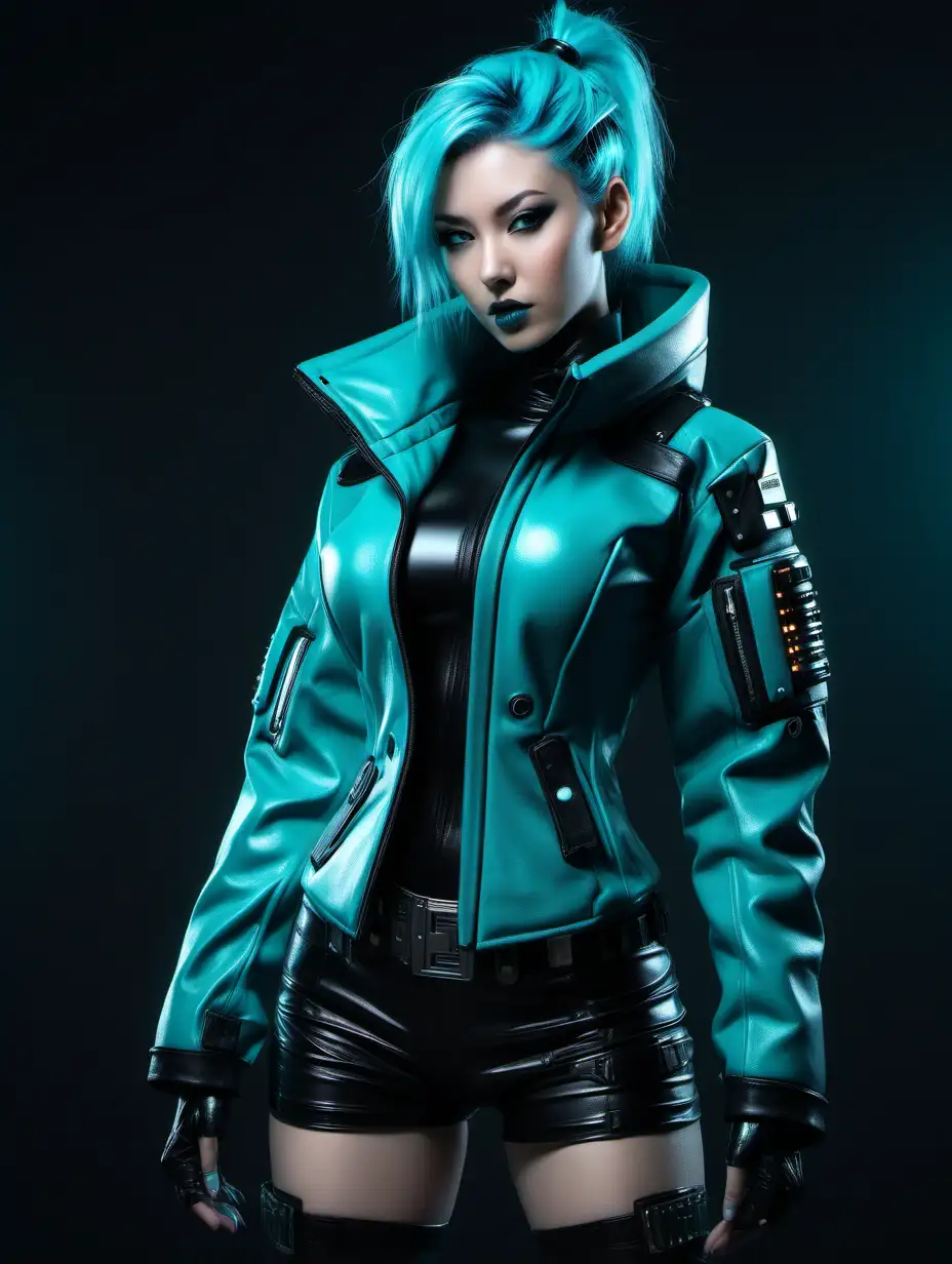 sexy cyberpunk model with winter jacket teal color