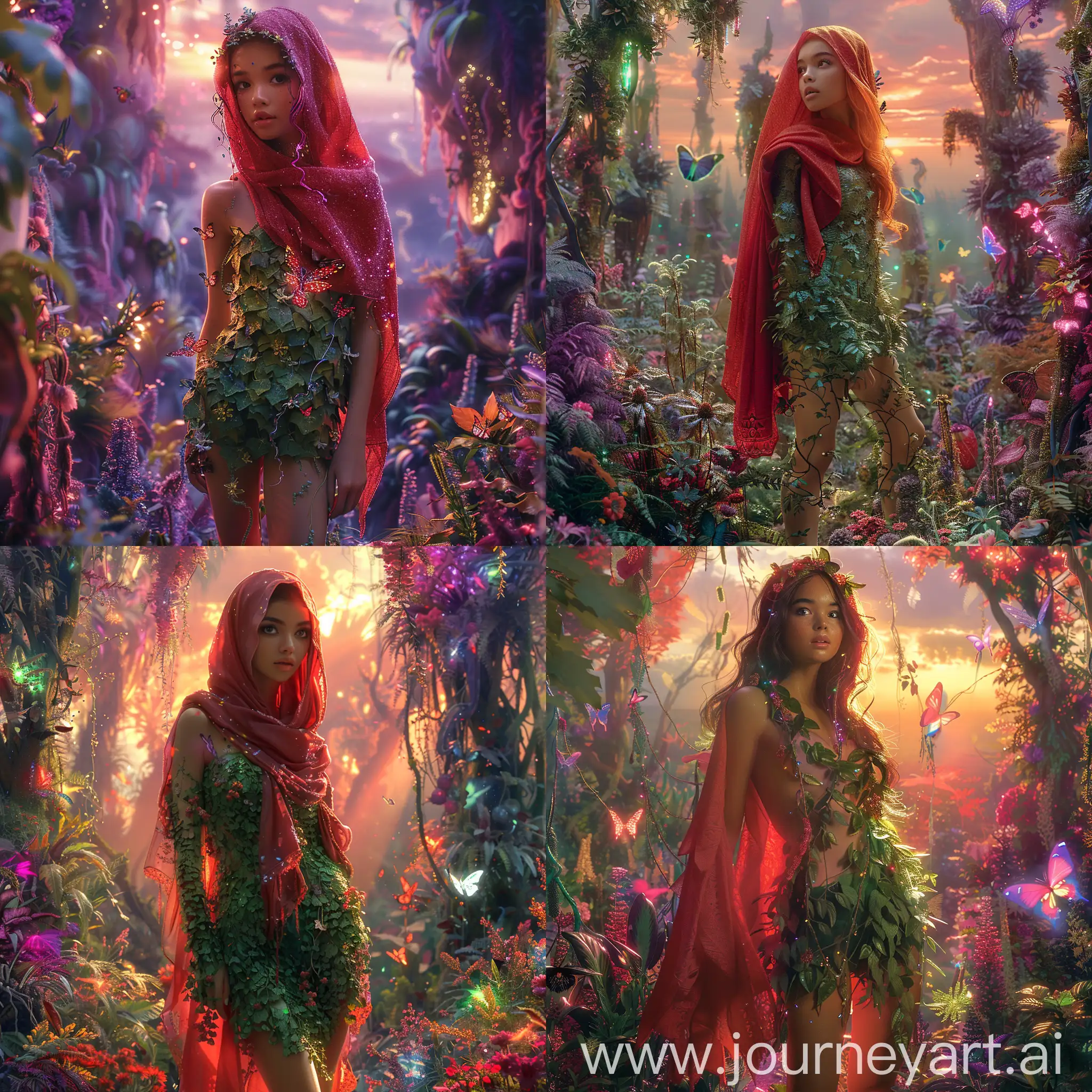 Ethereal-Muslimah-in-Magical-Forest-Red-Shawl-and-Green-Dress