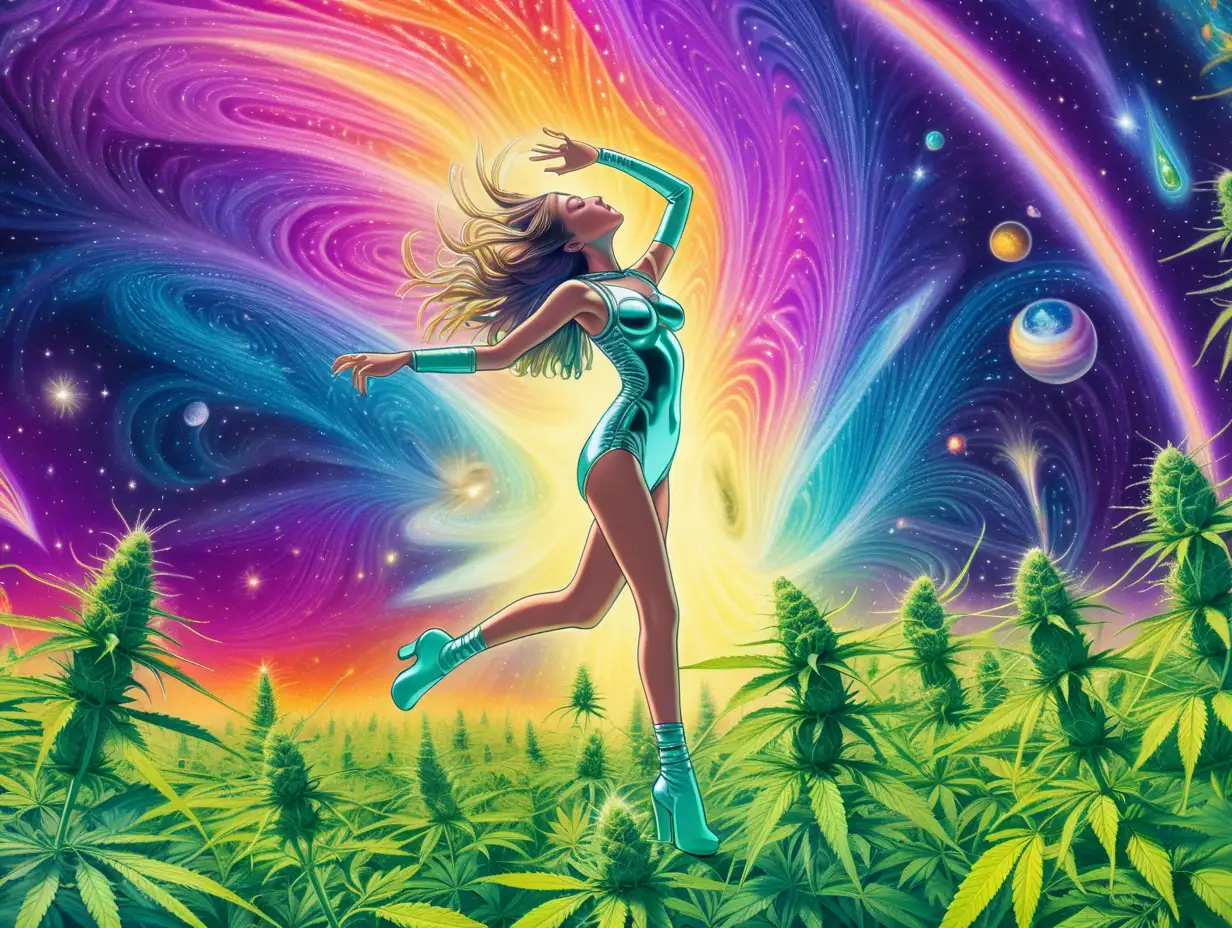 Sexy Woman dancing in a field of cannabis in space with psychedelic visuals and bright colors in the background