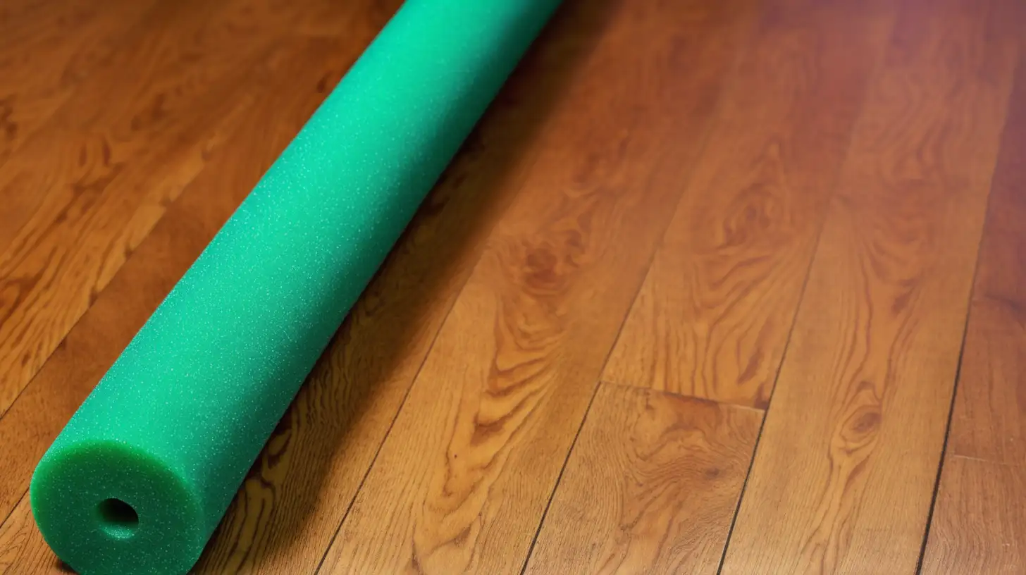 dark green pool noodle on wood floor.  Extreme close up, clearer and brighter.