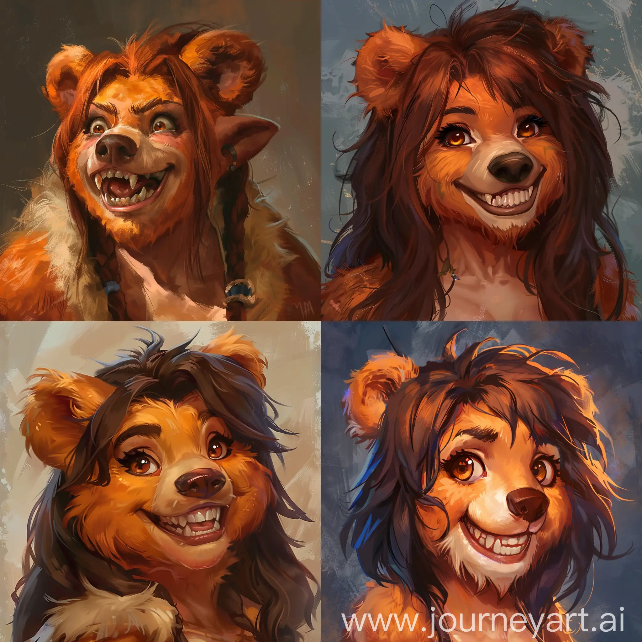world of warcraft druid bear, chubby, female, girl, Sardonic toothy grin head, light orange fur, dark brown hair, brown eyes
