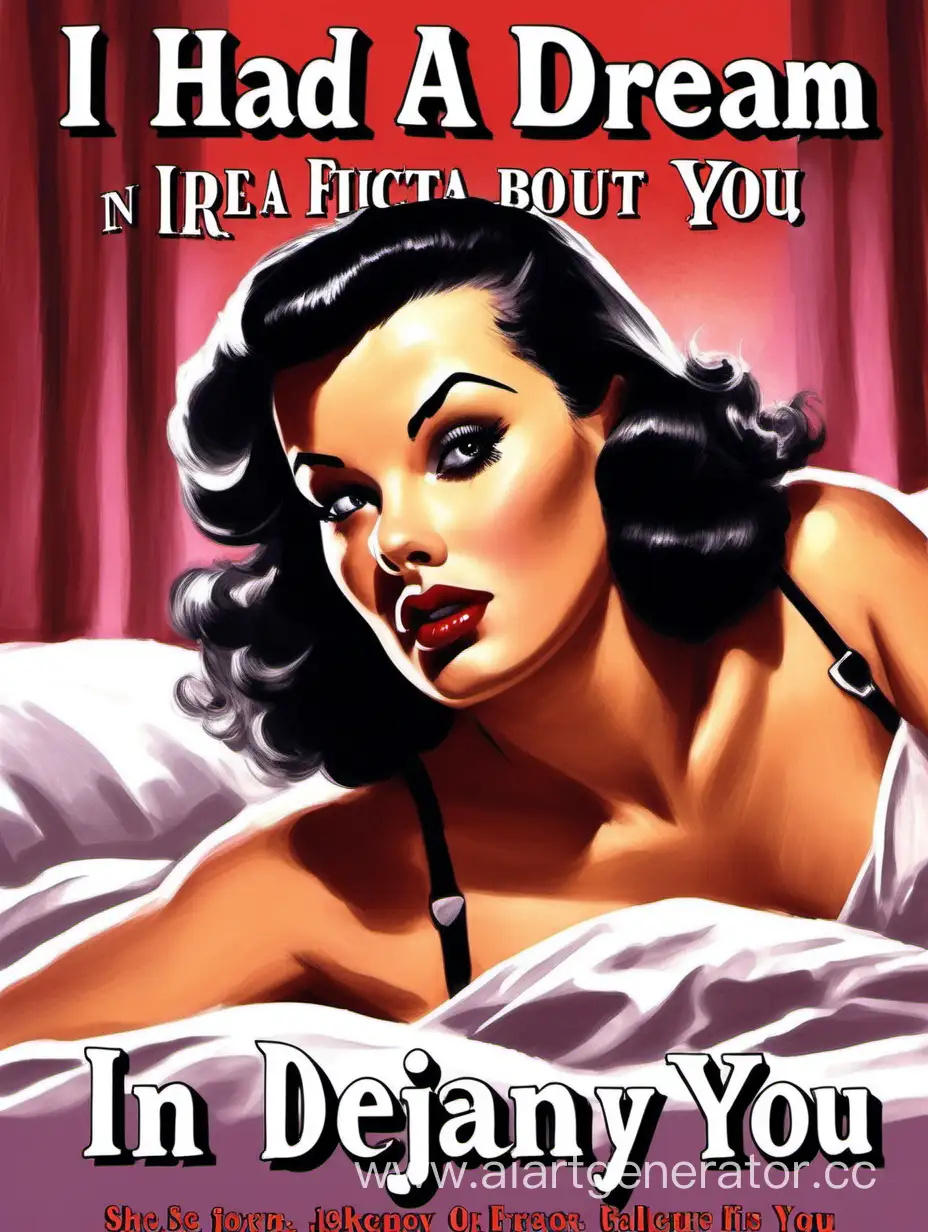 Create a book cover in the style of 1950's pulp fiction covers, of a beautiful woman in lingerie lying on a bed. The book title is "I Had A Dream About You". the series is called SHE FICTION.