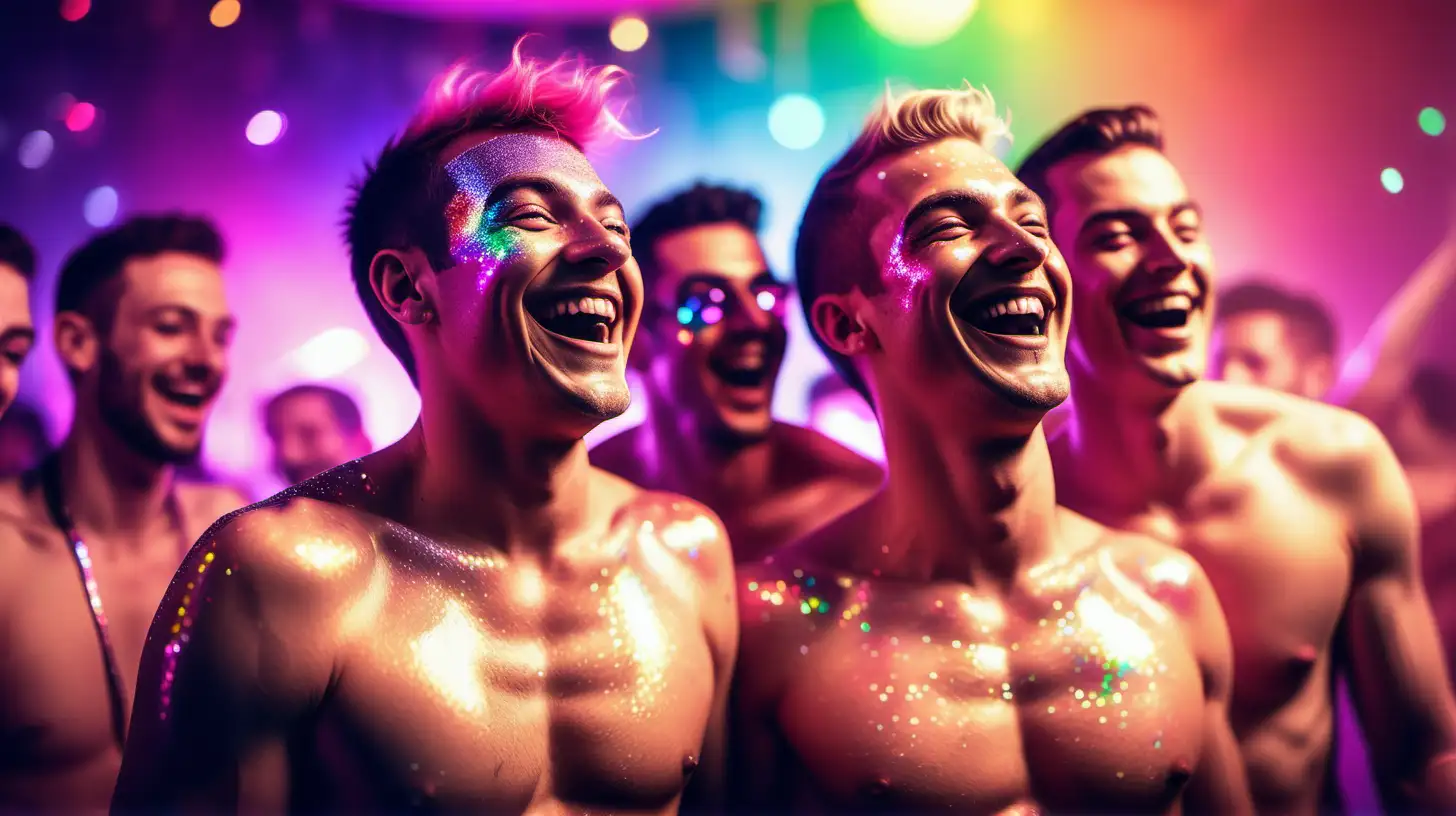 Party portrait of shirtless gays at a modern crazy party, laughing face, Rainbow neon synthwave attire, sparkles and glitter in the environment, Bokeh quality, Blurred background, realistic --style raw --s 300 --ar 9:16 --v 6.0