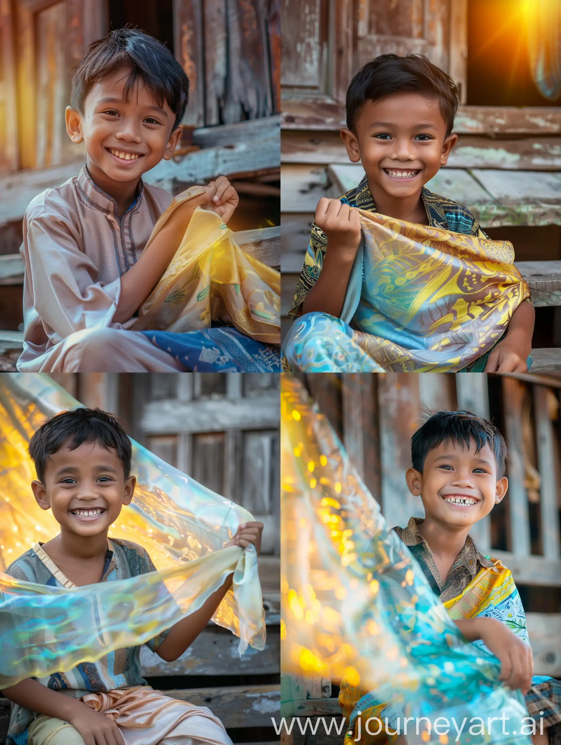 close up. Malay boy sitting on the steps of a wooden house smiling. wearing Malay clothes and sarong cloth. his left hand held the sarong he was wearing while lifting it slightly up. classic malay house background. there is refraction of yellow and blue light