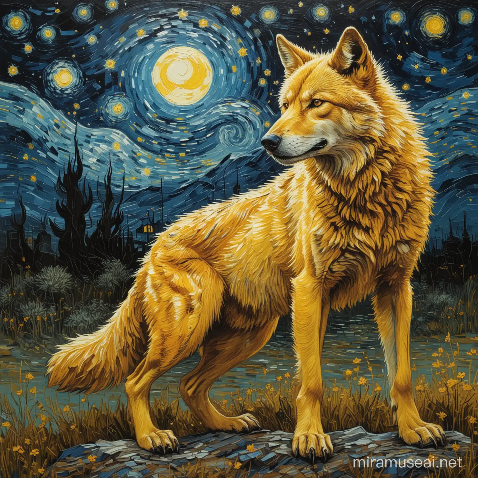 Vibrant Pop Art Painting of a Yellow Wolf Under a Starry Night Sky by Van Gogh