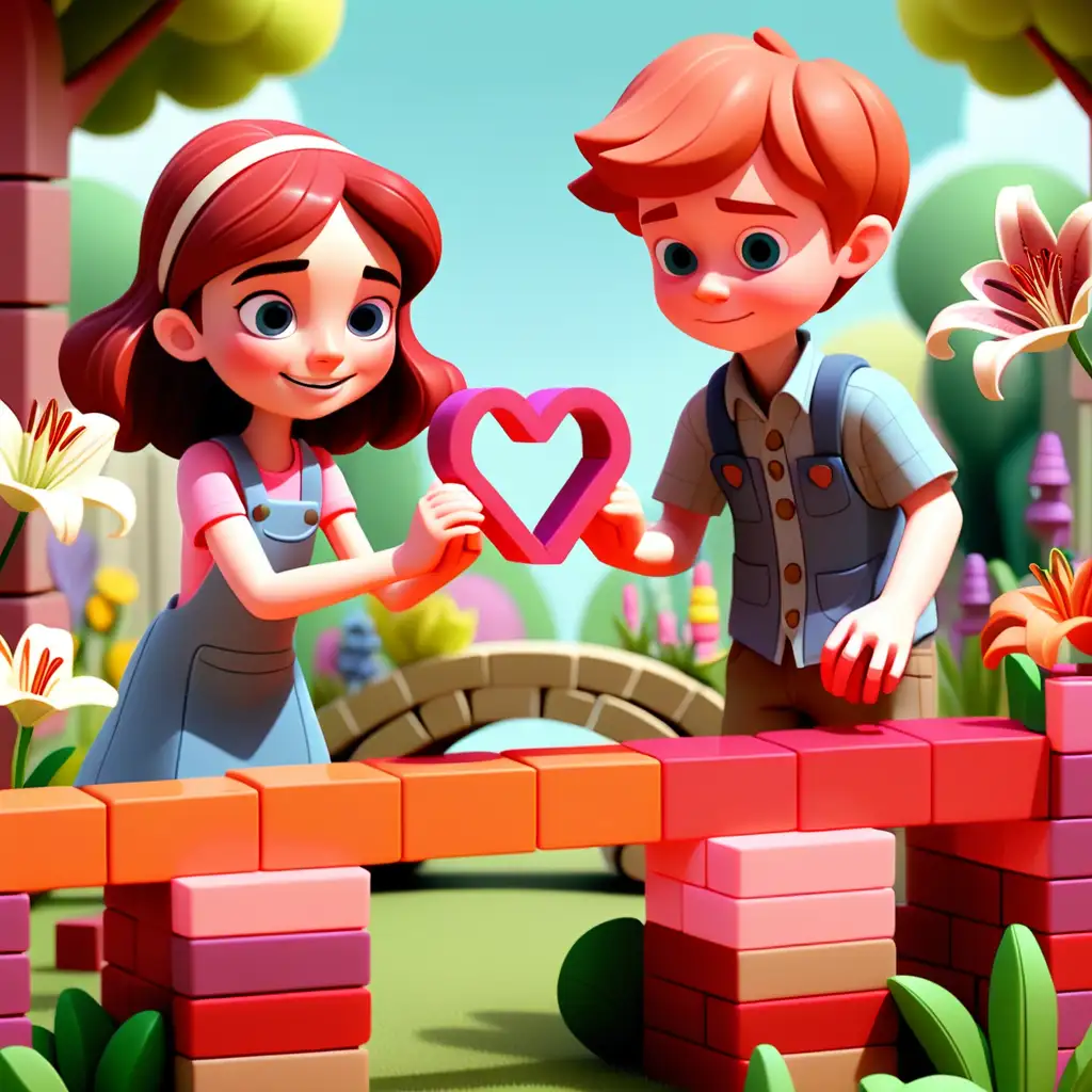 Lily a girl and Ben  a boy (two cartoon kids) constructing a bridge with blocks
In their magical garden, Lily and Ben built a Self-Love Bridge using colorful blocks It connected them to the heart of the garden.