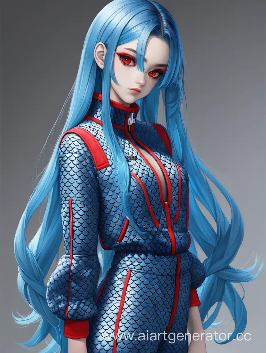 Elegant-Girl-in-ScalePatterned-Jumpsuit-with-Striking-Blue-Hair-and-Red-Eye-Makeup