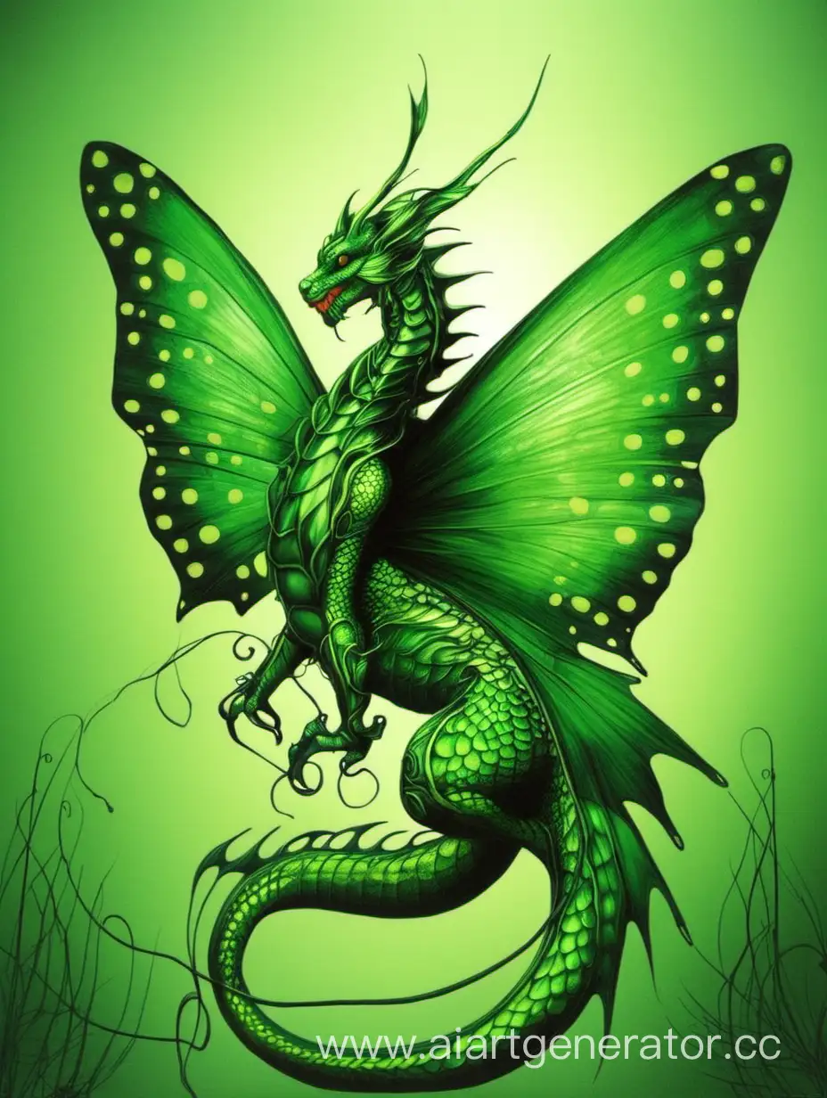 Enchanting-Green-Dragon-with-Butterflies-in-Whimsical-Flight