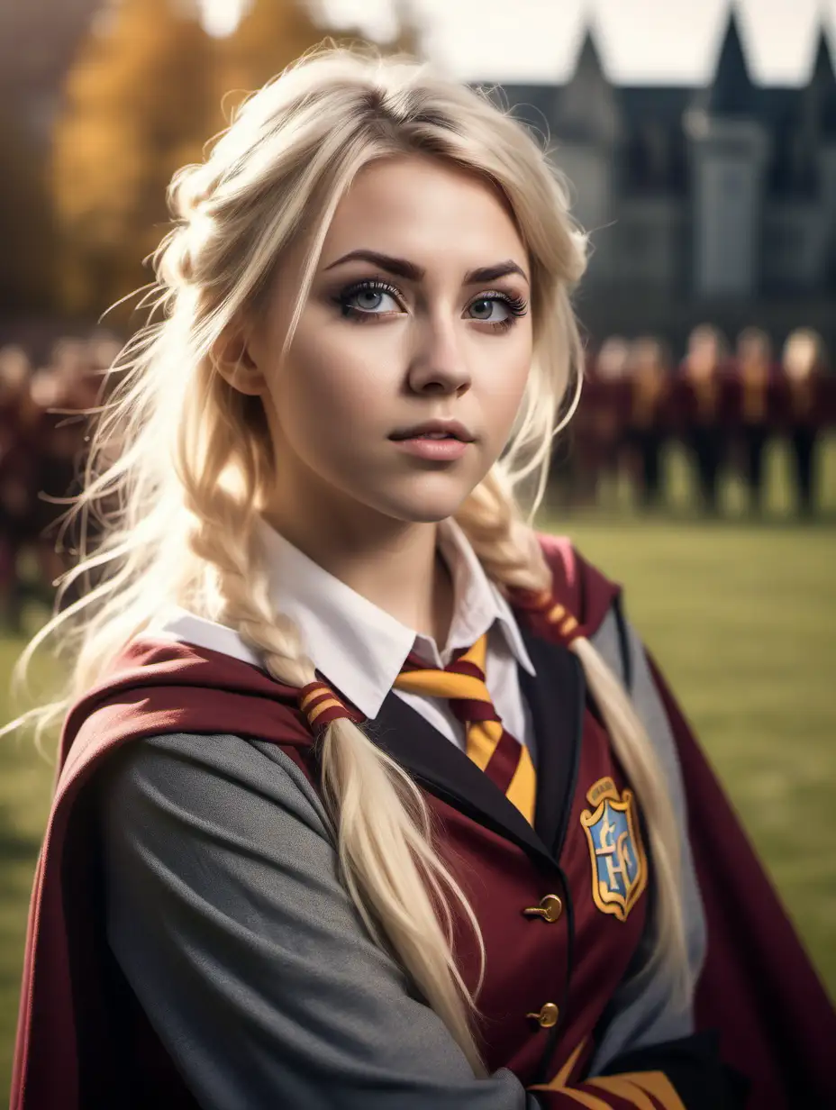 Beautiful Nordic woman, very attractive face, detailed eyes, big breasts, slim body, dark eye shadow, messy blonde hair, wearing a Hogwarts cosplay uniform, bust shot, bokeh background, soft light on face, rim lighting, facing away from camera, looking back over her shoulder, standing on a quidditch field, illustration, very high detail, extra wide photo, full body photo, aerial photo